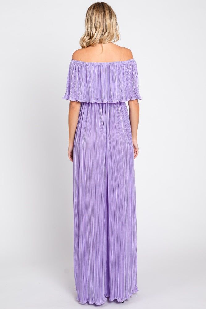 Lavender Pleated Plisse Ruffle Off-Shoulder Maxi Dress sold by Pinkblush product image thumbnail 3