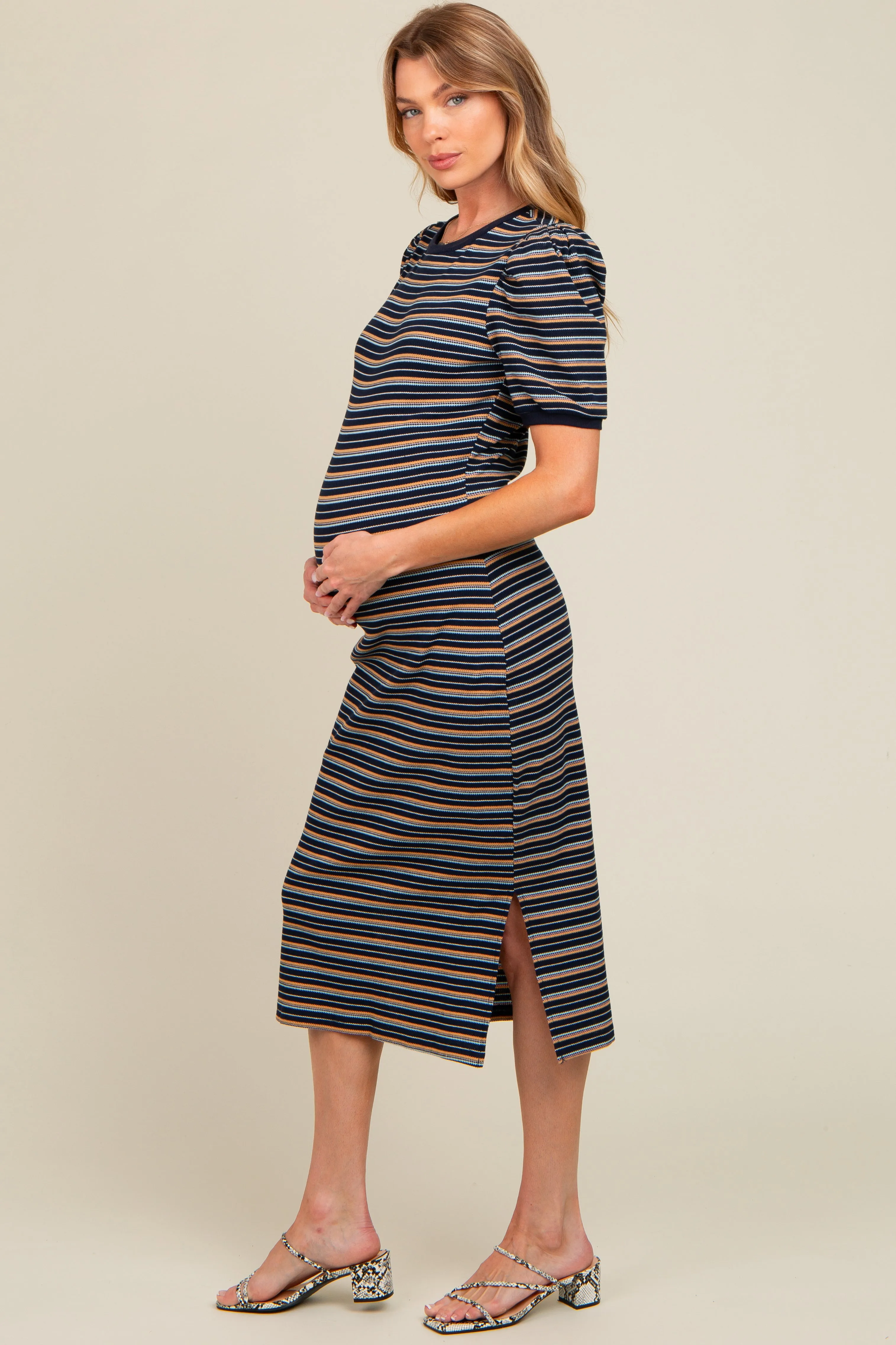 Navy Multi Striped Puff Sleeve Maternity Midi Dress sold by Pinkblush product image thumbnail 2