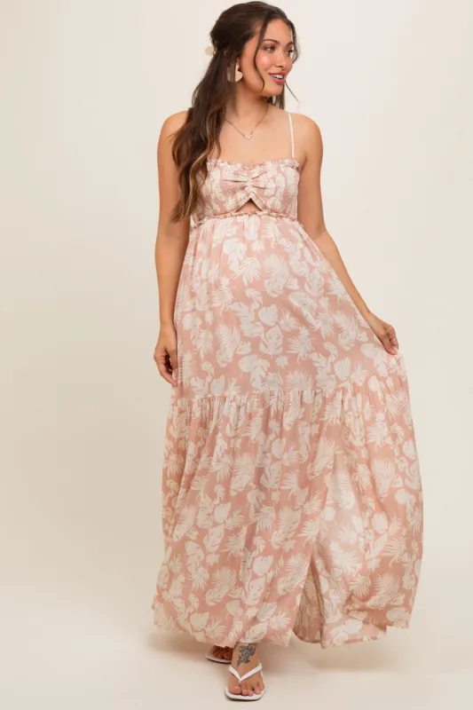 Light Pink Floral Sweetheart Smocked Front Cutout Maternity Maxi Dress made by Vanilla Bay