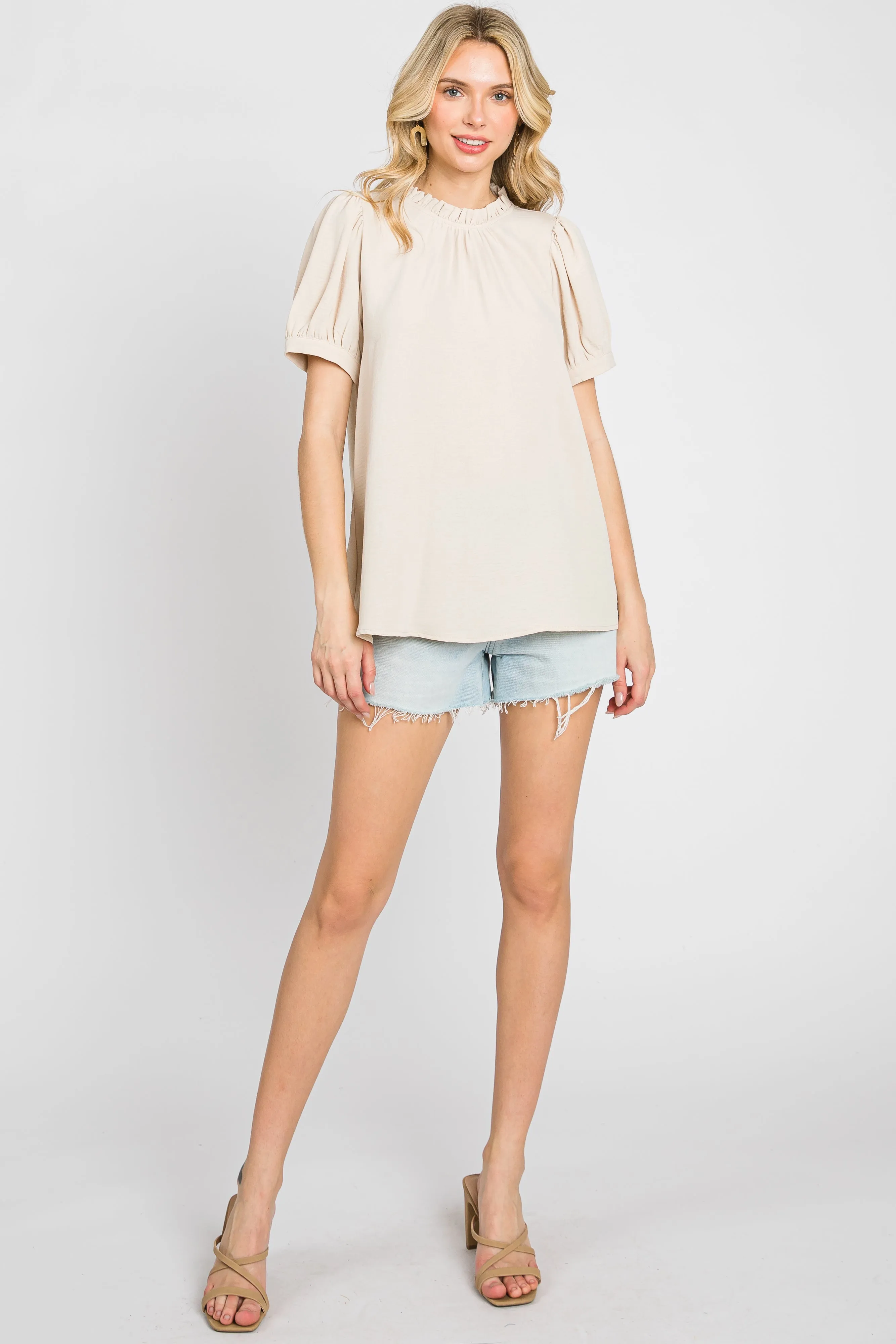 Beige Ruffle Mock Neck Blouse Top sold by Pinkblush product image thumbnail 5
