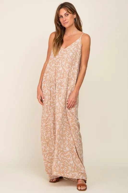 Taupe Leaf Print Double V-Neck Maxi Dress sold by Pinkblush