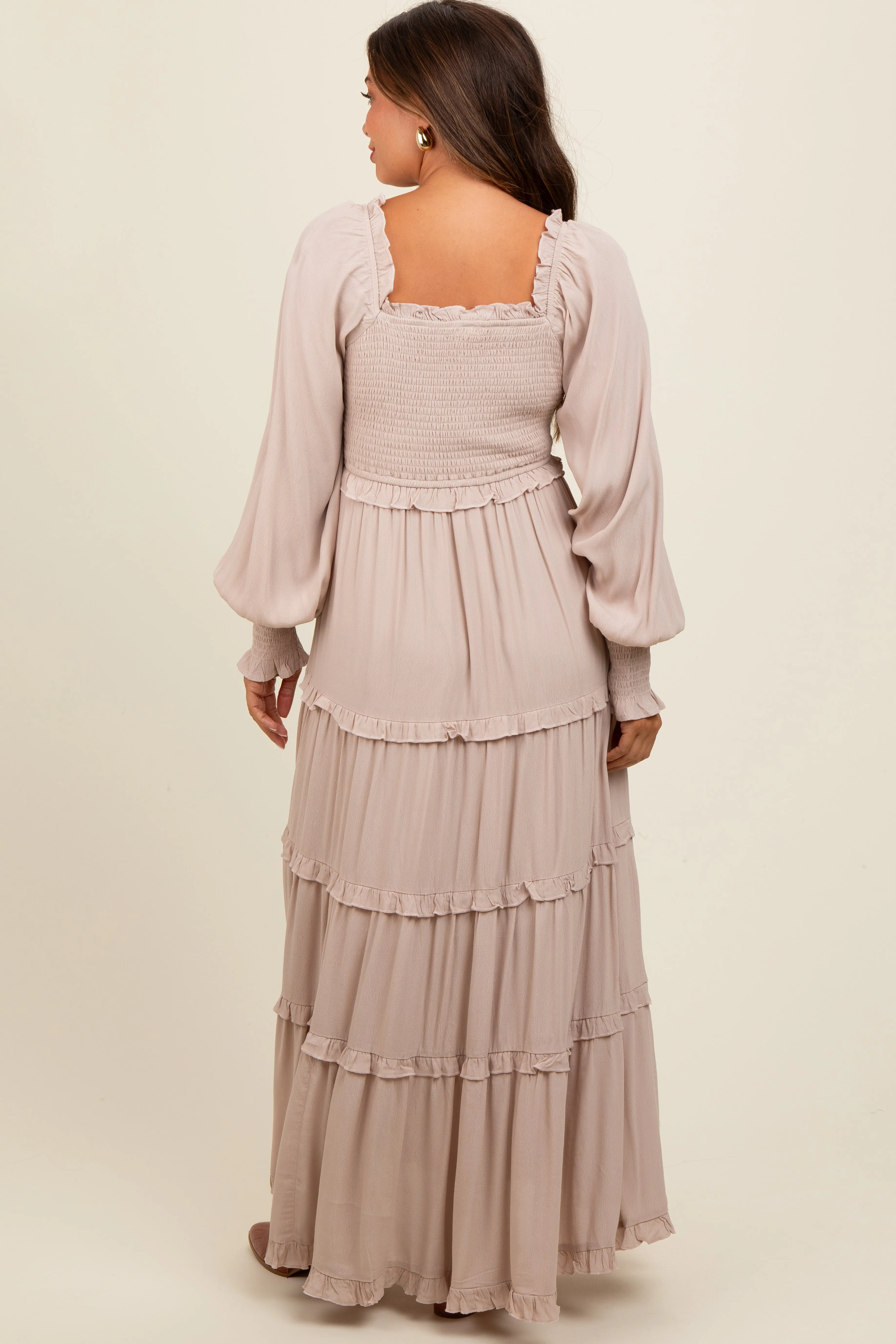 Beige Smocked Long Sleeve Ruffle Tiered Maternity Maxi Dress sold by Pinkblush product image thumbnail 4