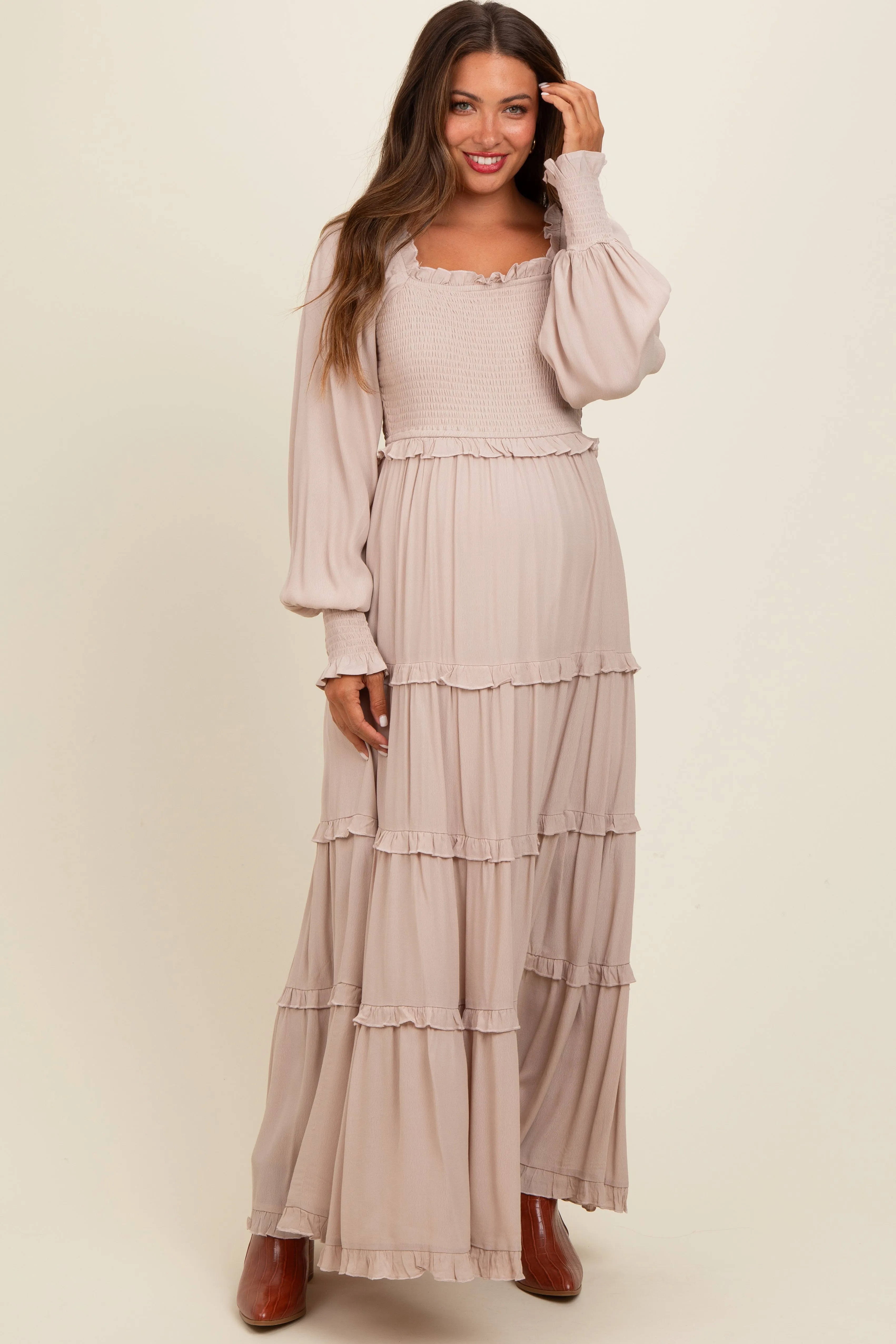 Beige Smocked Long Sleeve Ruffle Tiered Maternity Maxi Dress sold by Pinkblush