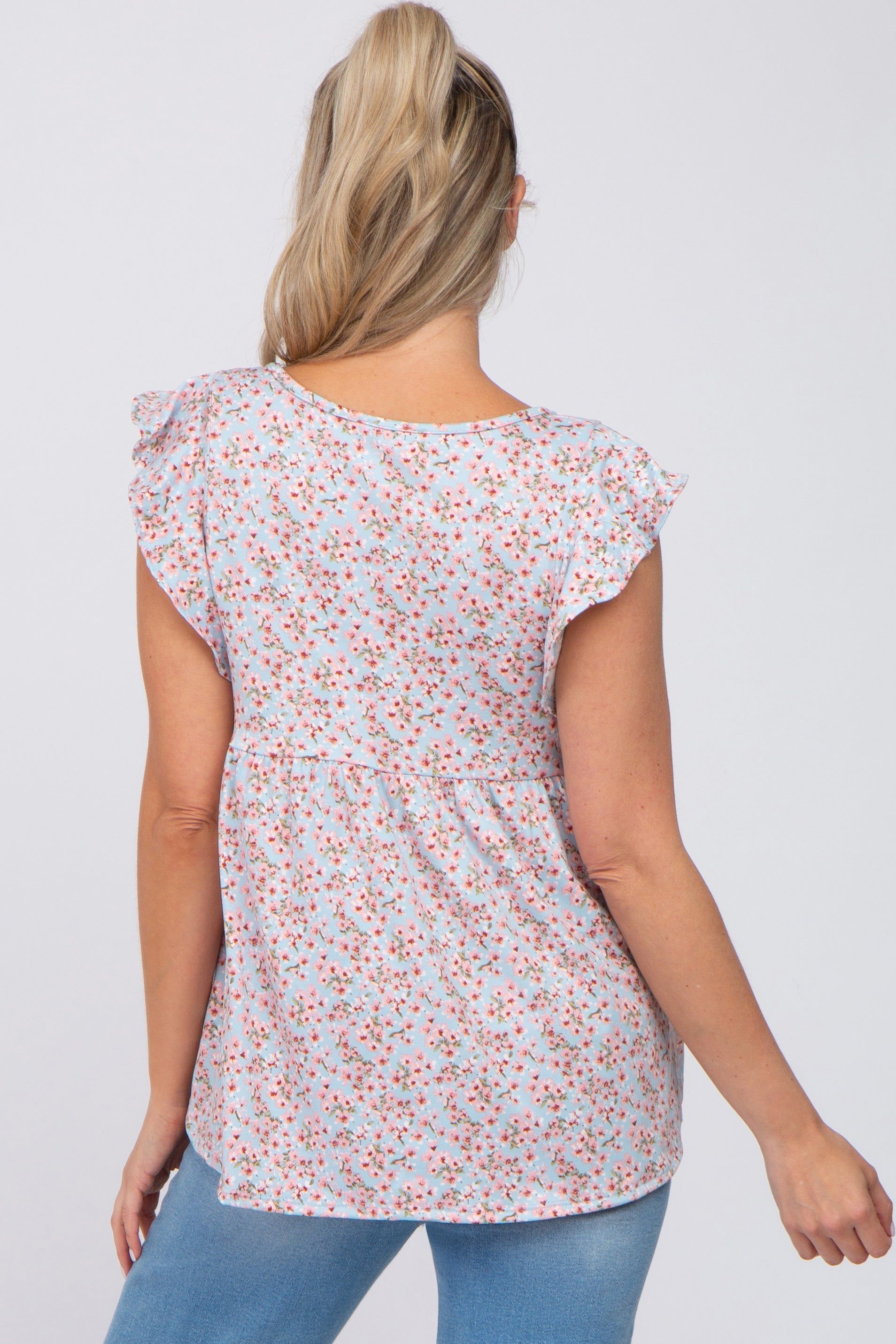 Light Blue Floral Ruffle Shoulder Babydoll Maternity Top sold by Pinkblush product image thumbnail 3