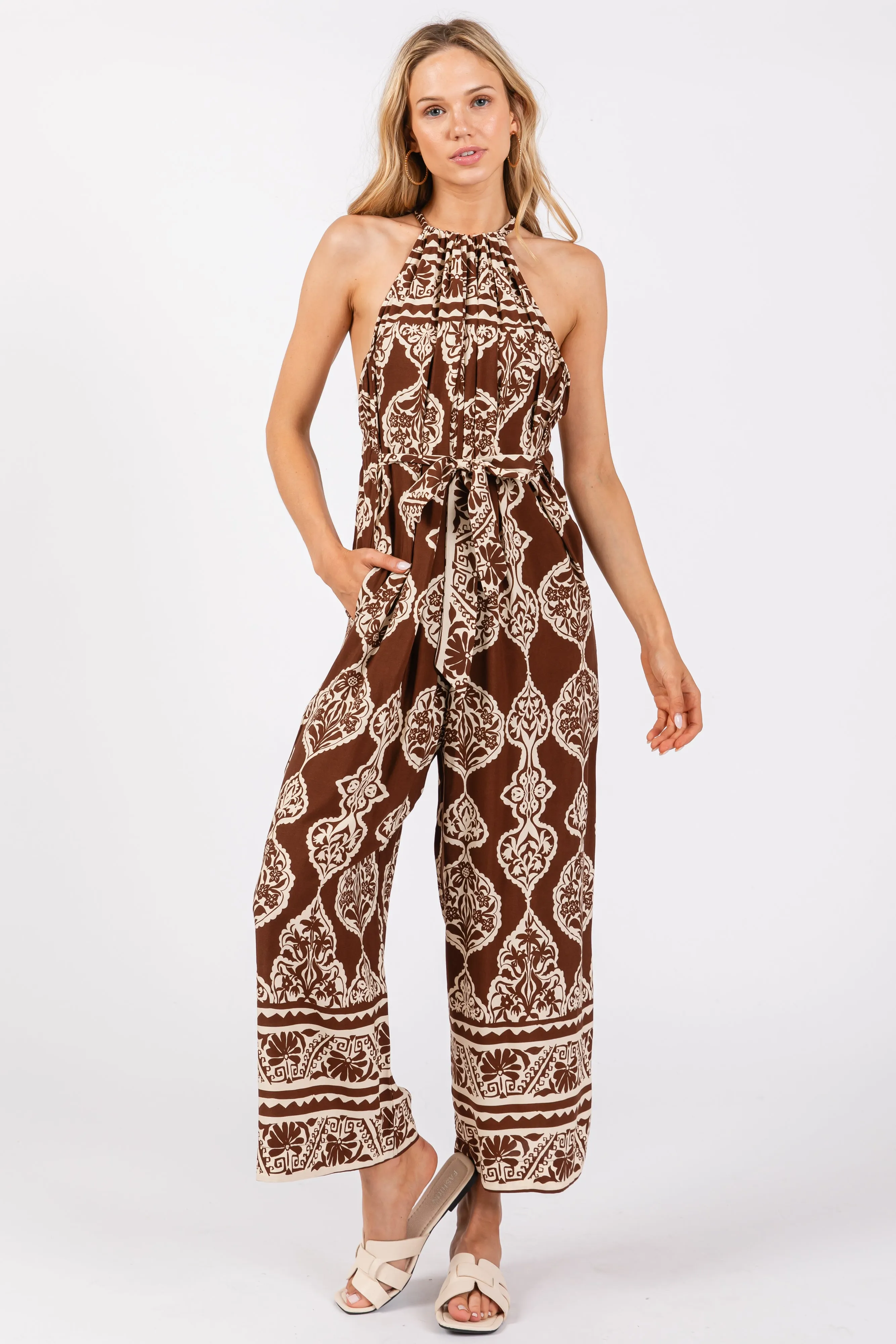 Brown Border Print Front Tie Halter Maternity Jumpsuit sold by Pinkblush product image thumbnail 5