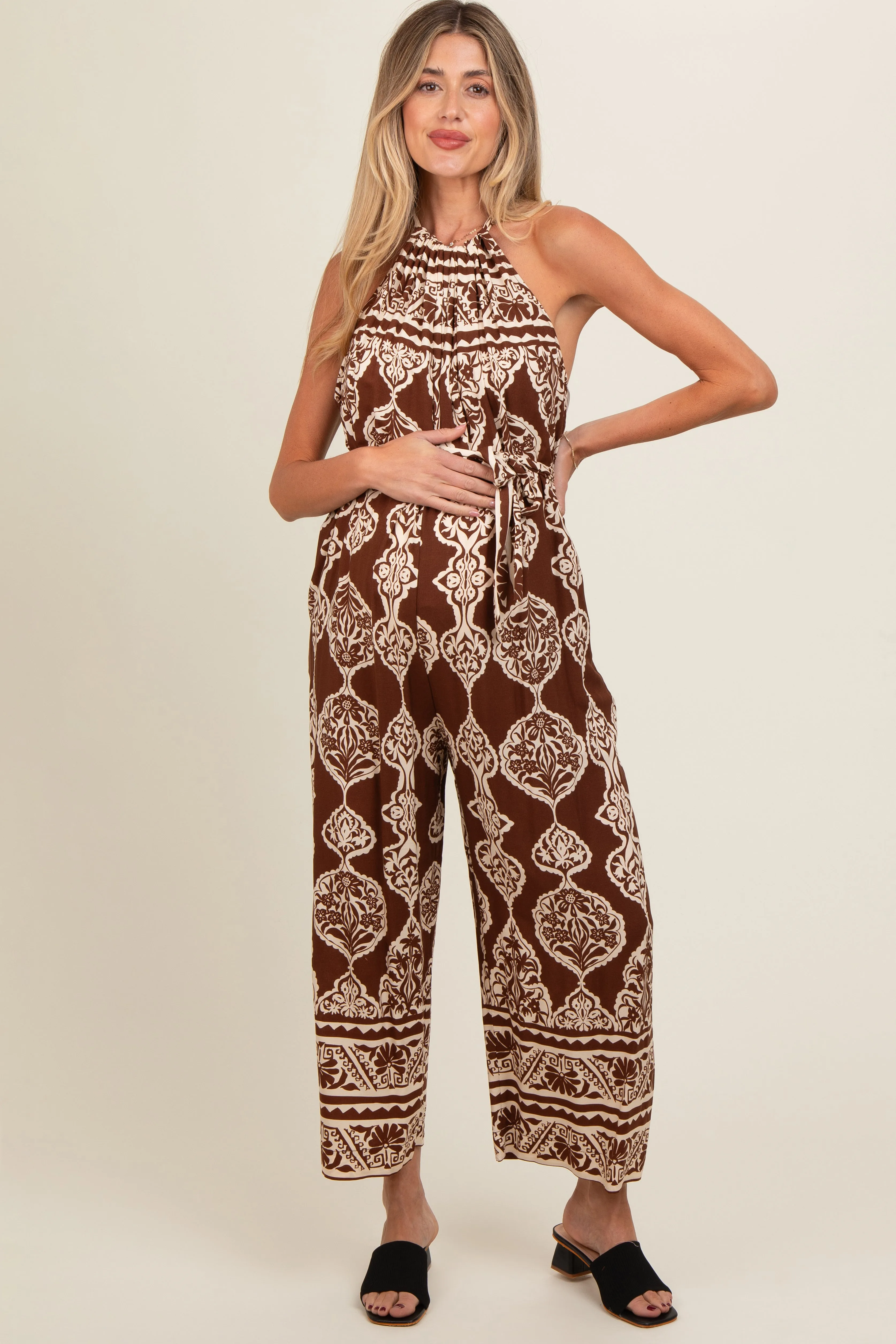 Brown Border Print Front Tie Halter Maternity Jumpsuit sold by Pinkblush product image thumbnail 2