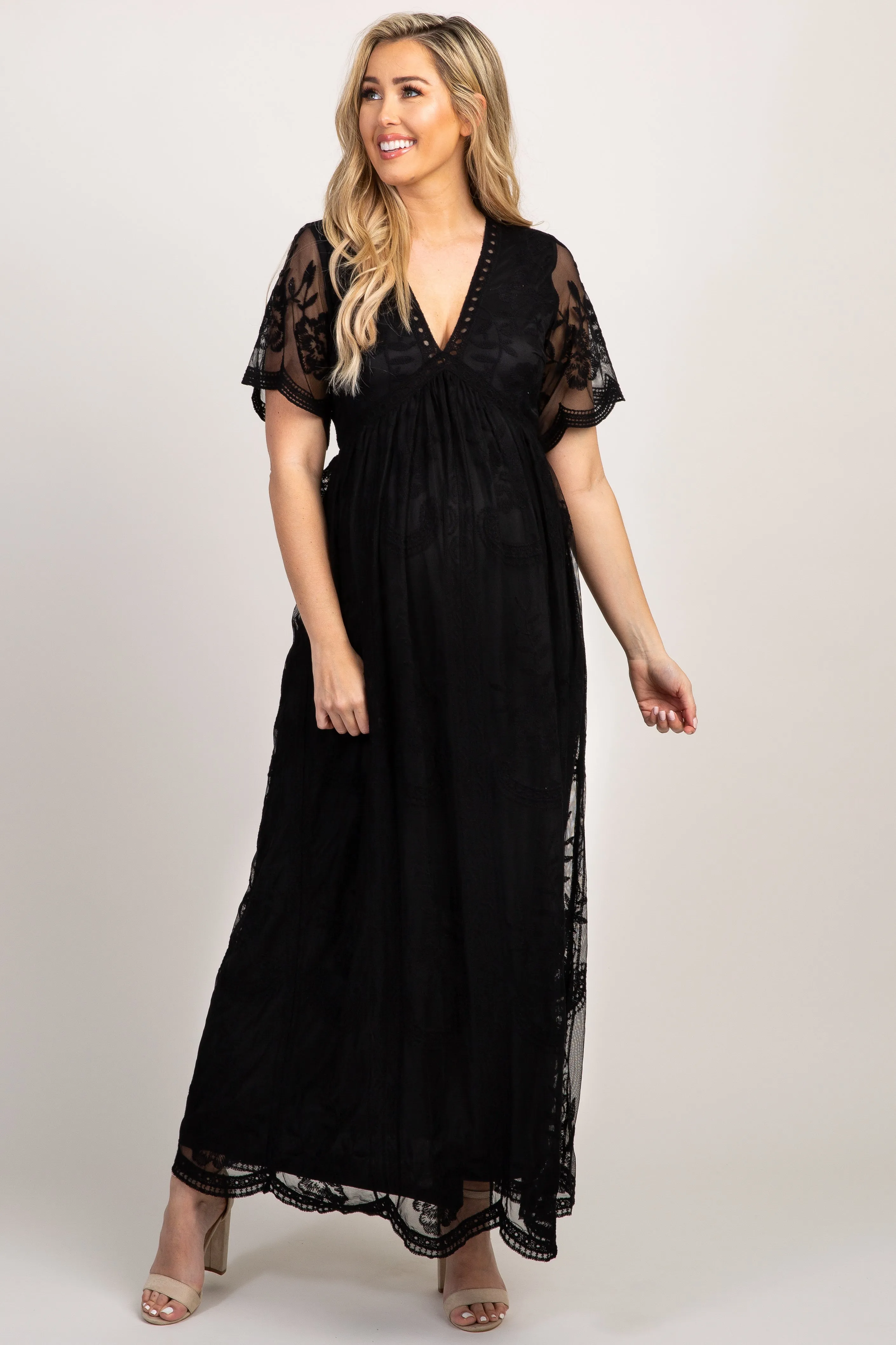 PinkBlush Black Lace Mesh Overlay Maternity Maxi Dress sold by Pinkblush