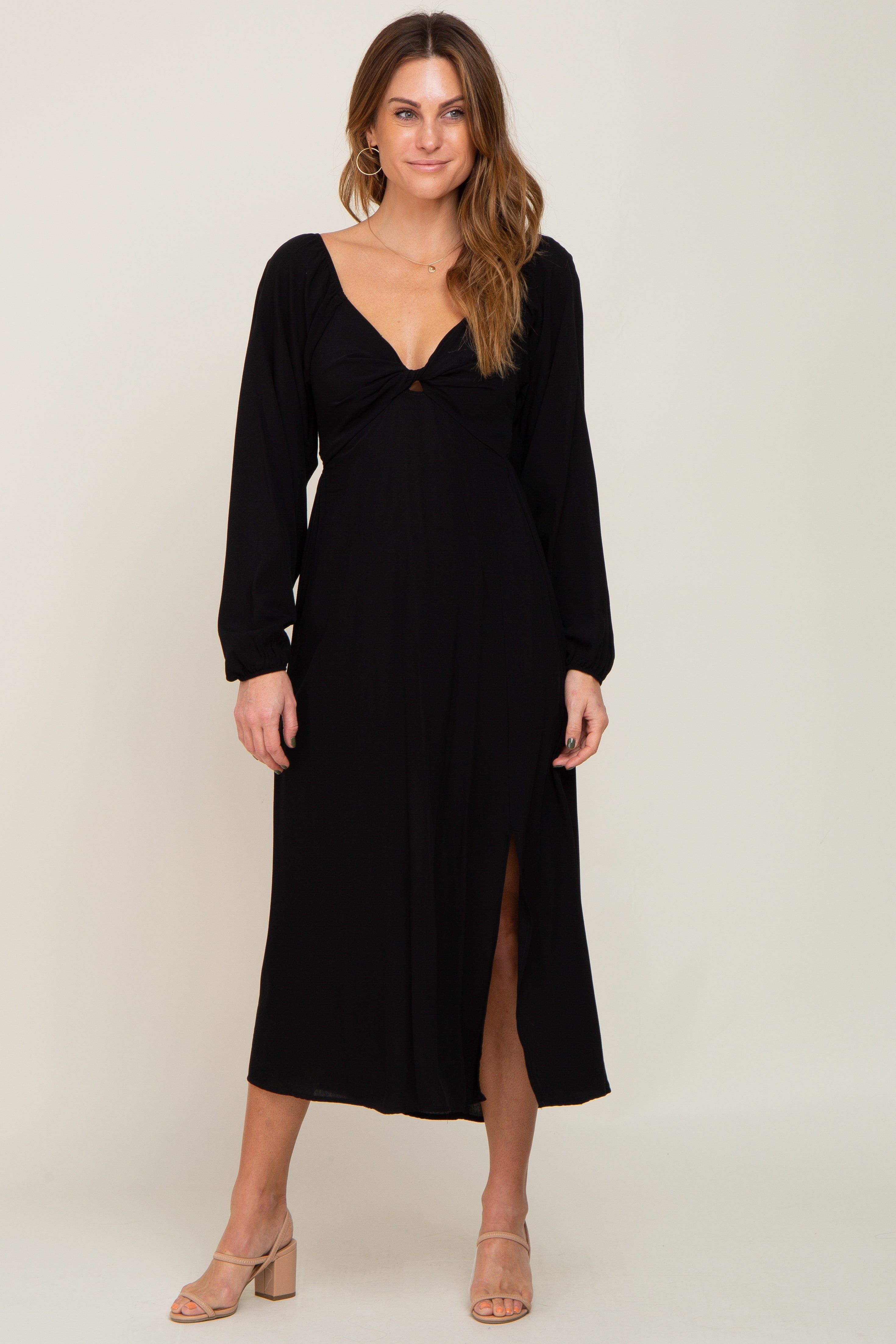 Black Twist V-Neck Front Cutout Midi Dress sold by Pinkblush