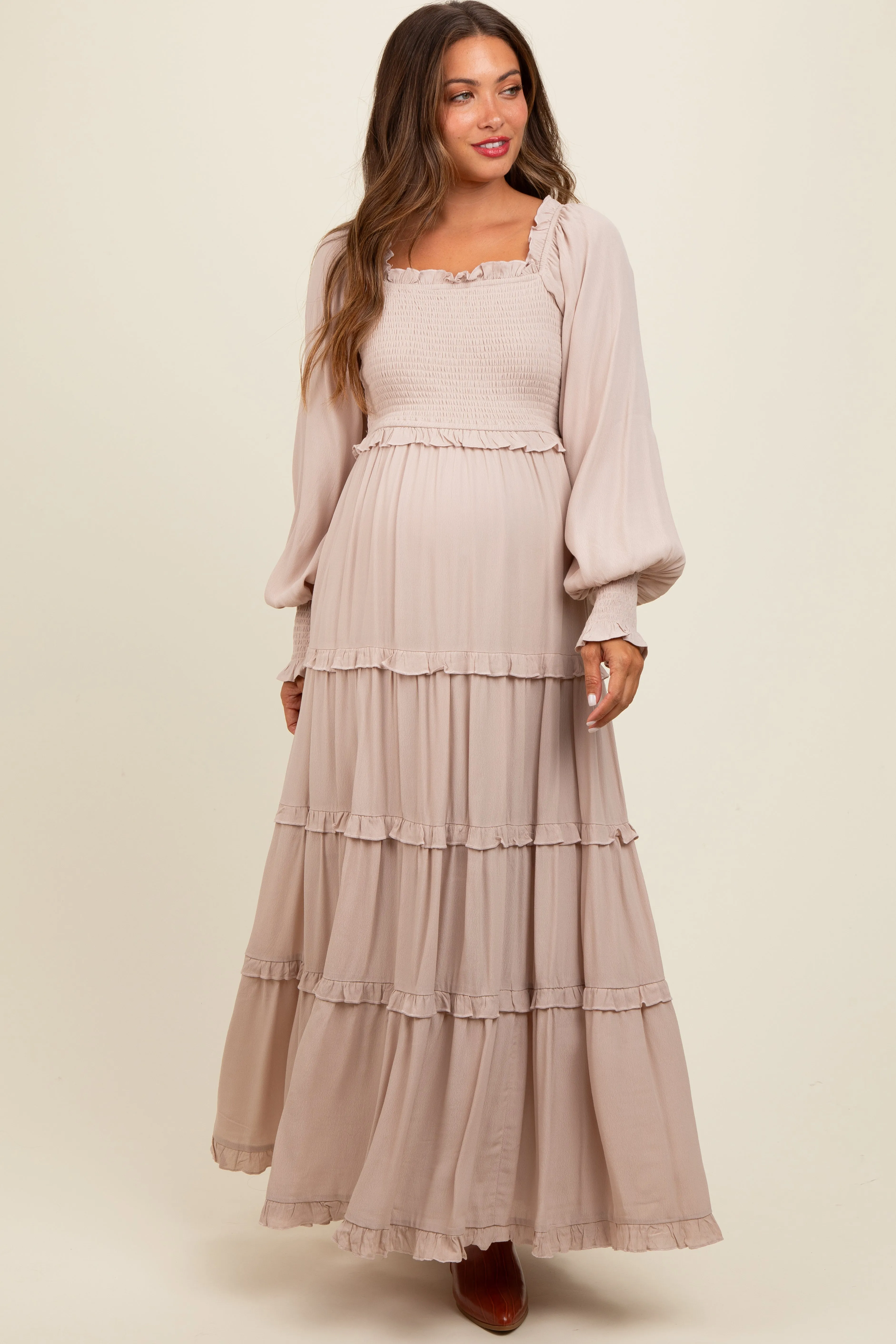 Beige Smocked Long Sleeve Ruffle Tiered Maternity Maxi Dress sold by Pinkblush product image thumbnail 2