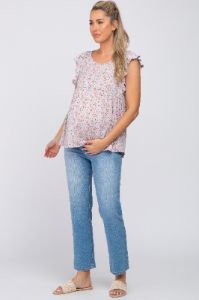Light Blue Floral Ruffle Shoulder Babydoll Maternity Top sold by Pinkblush