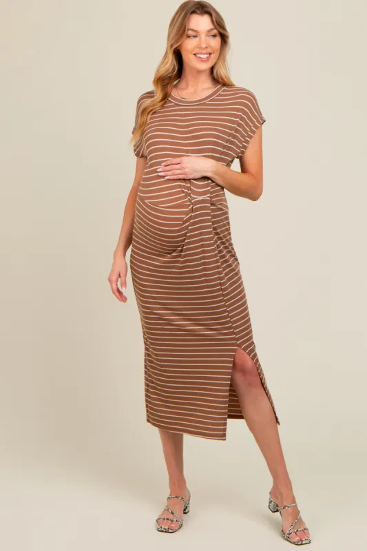 Brown Striped Gathered Waist Maternity Dress sold by Pinkblush