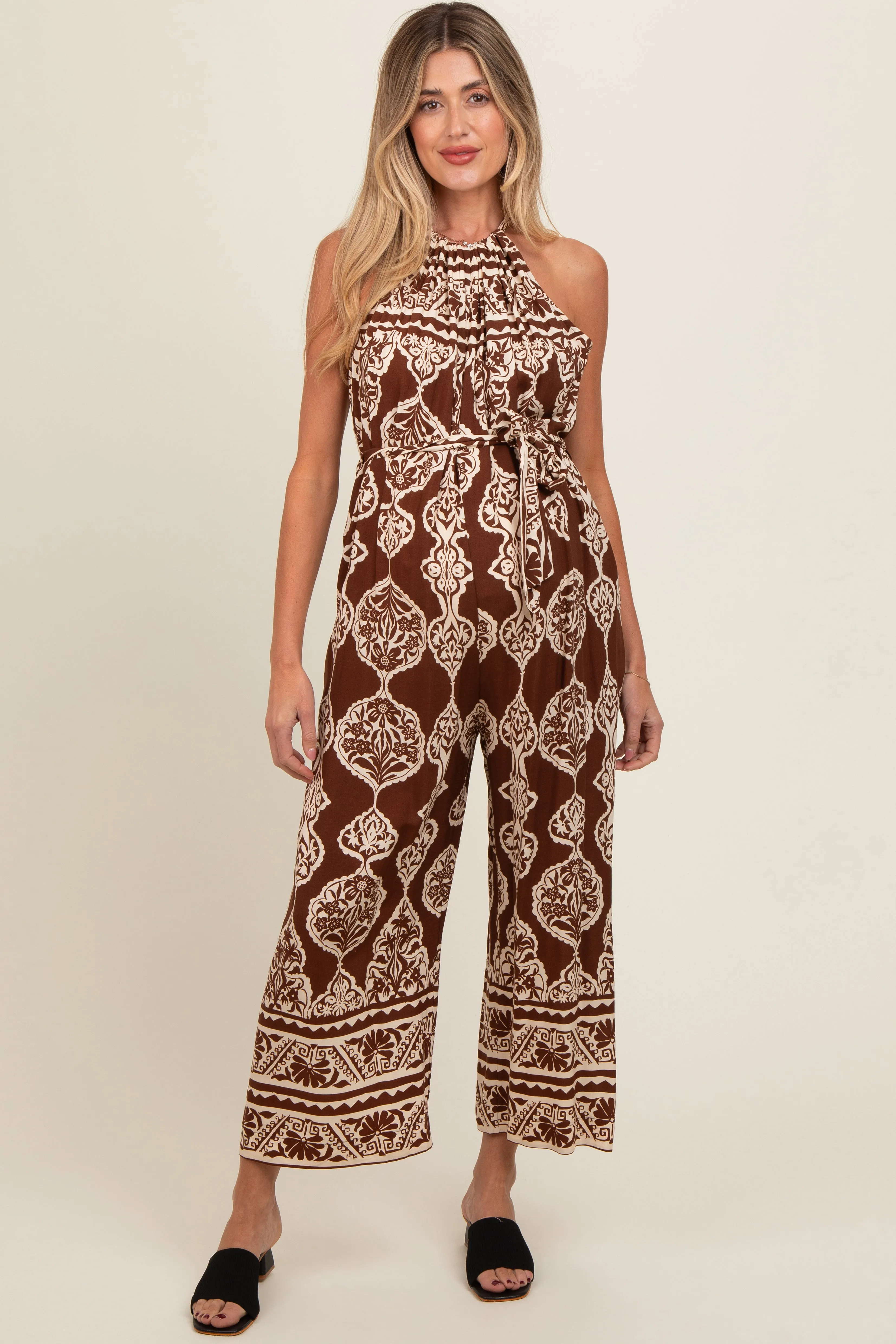 Brown Border Print Front Tie Halter Maternity Jumpsuit sold by Pinkblush