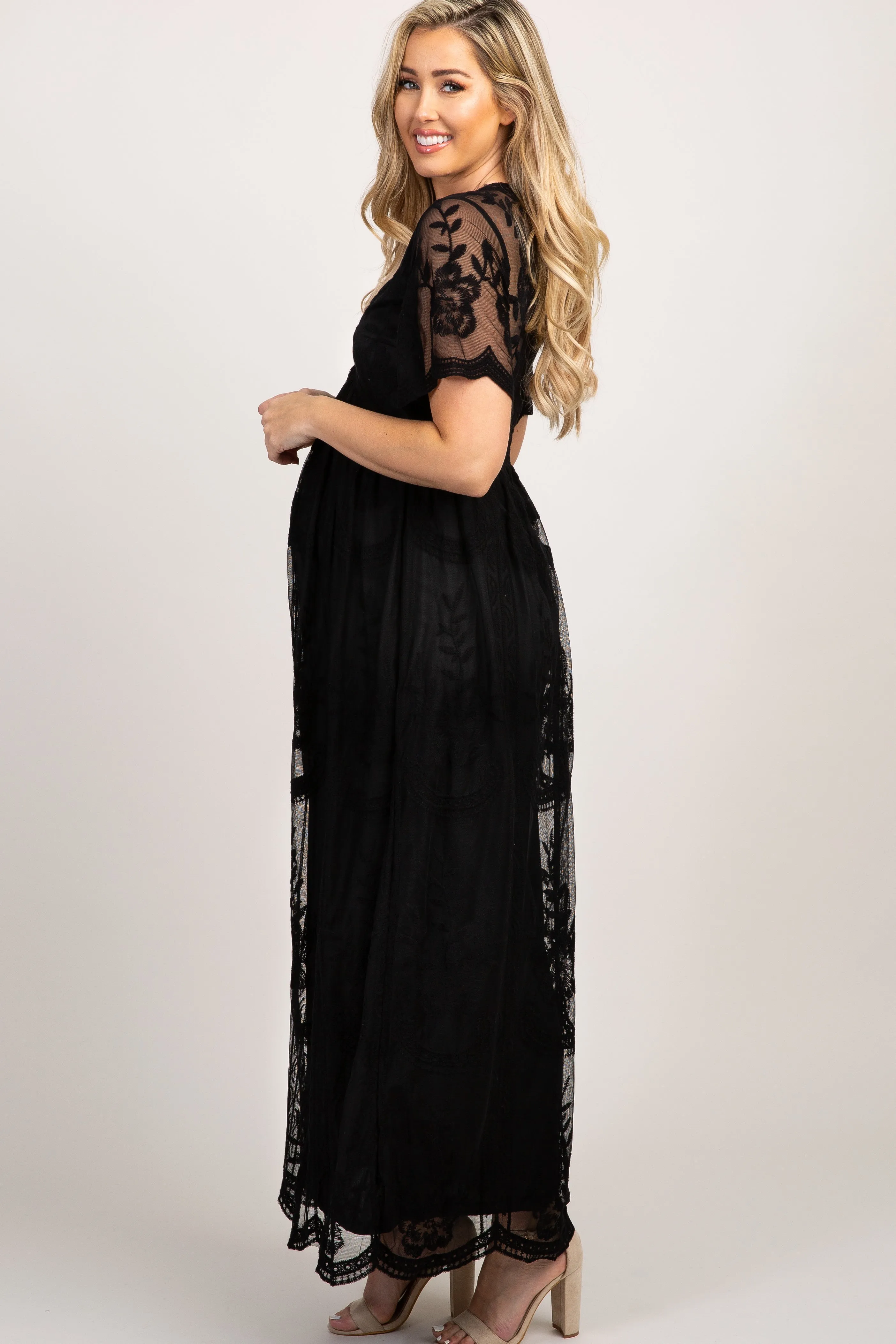 PinkBlush Black Lace Mesh Overlay Maternity Maxi Dress sold by Pinkblush product image thumbnail 2
