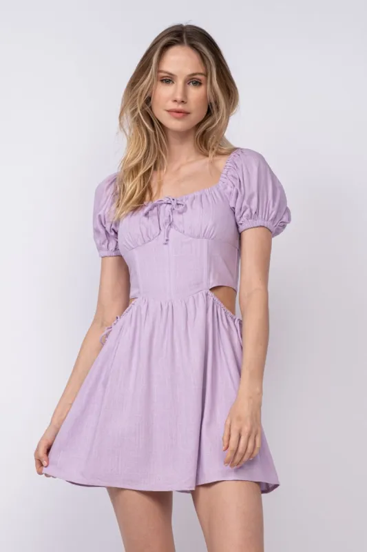 Mauve Solid Color Square Neck Puff Sleeve Mini Dress sold by Pinkblush