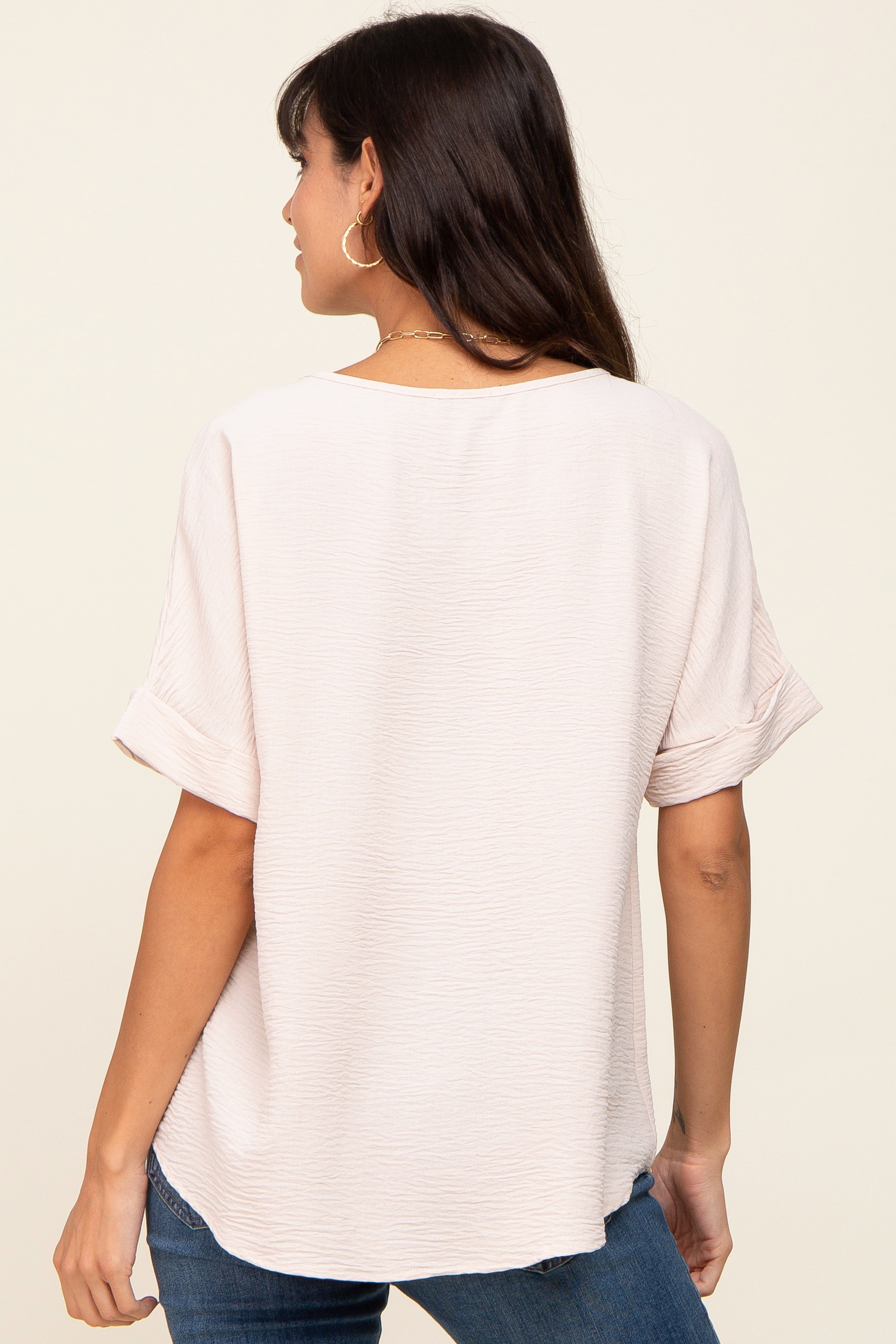 Beige Rolled Cuff Short Sleeve Blouse sold by Pinkblush product image thumbnail 3