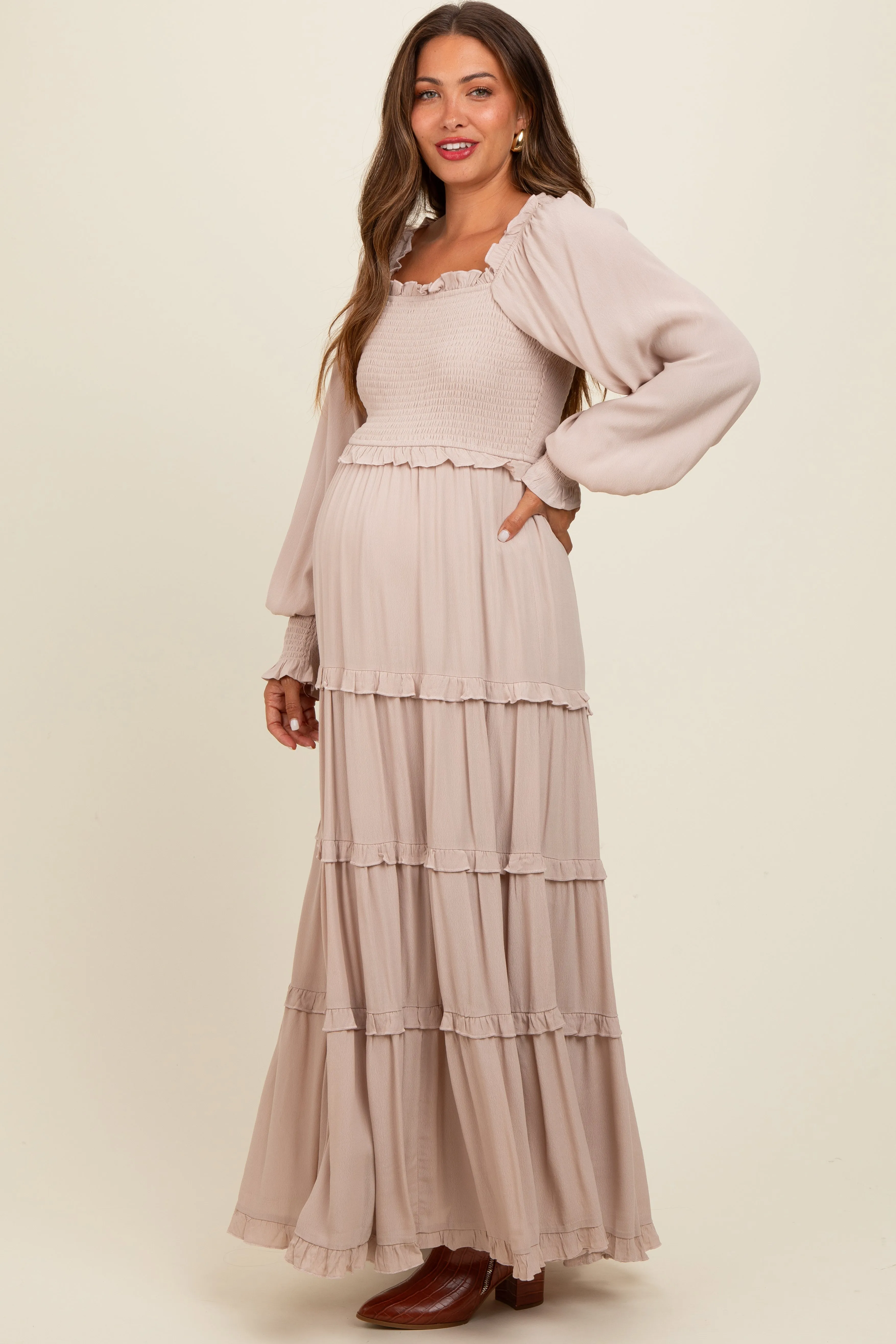 Beige Smocked Long Sleeve Ruffle Tiered Maternity Maxi Dress sold by Pinkblush product image thumbnail 3