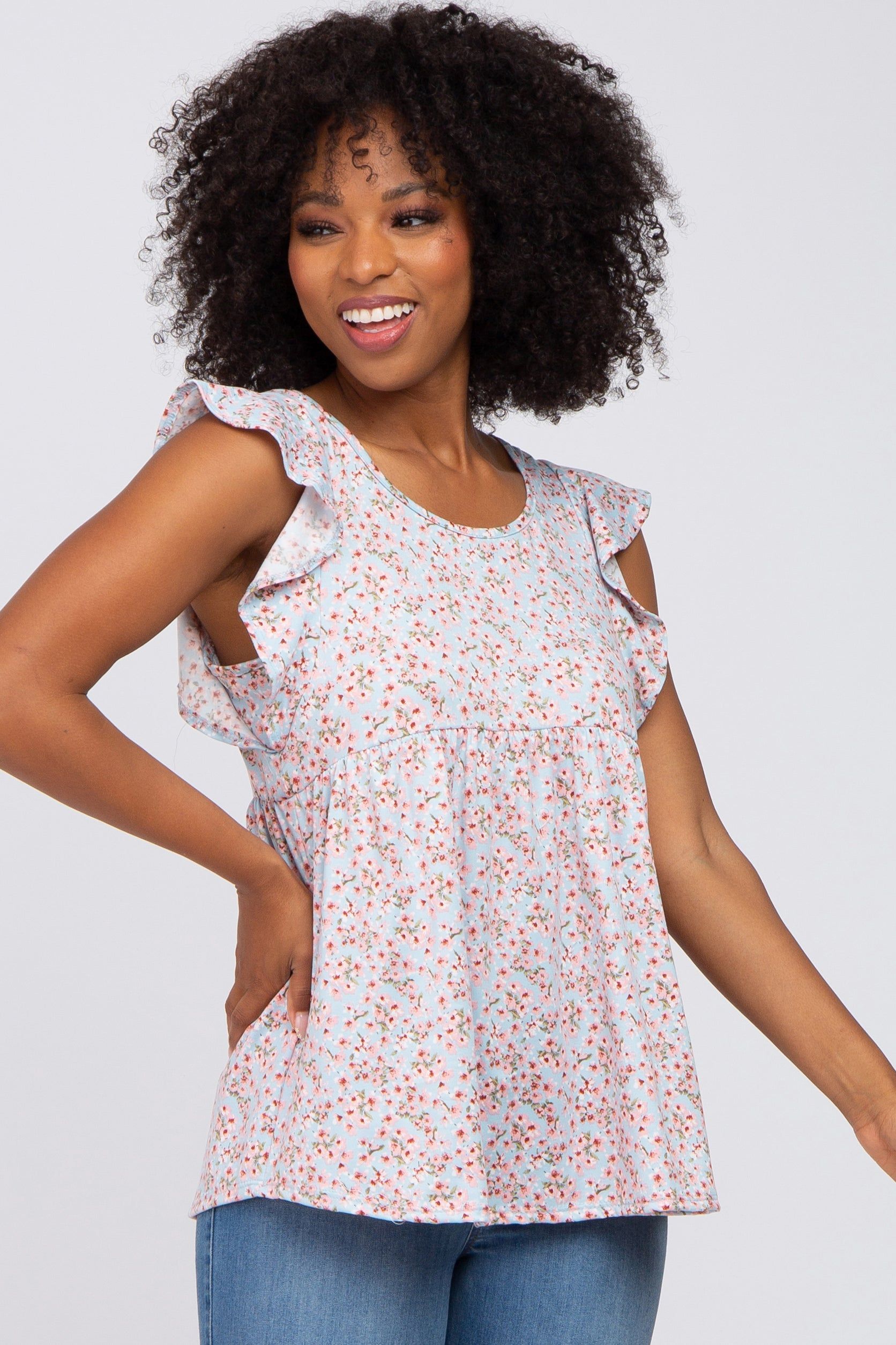 Light Blue Floral Ruffle Shoulder Babydoll Maternity Top sold by Pinkblush product image thumbnail 5