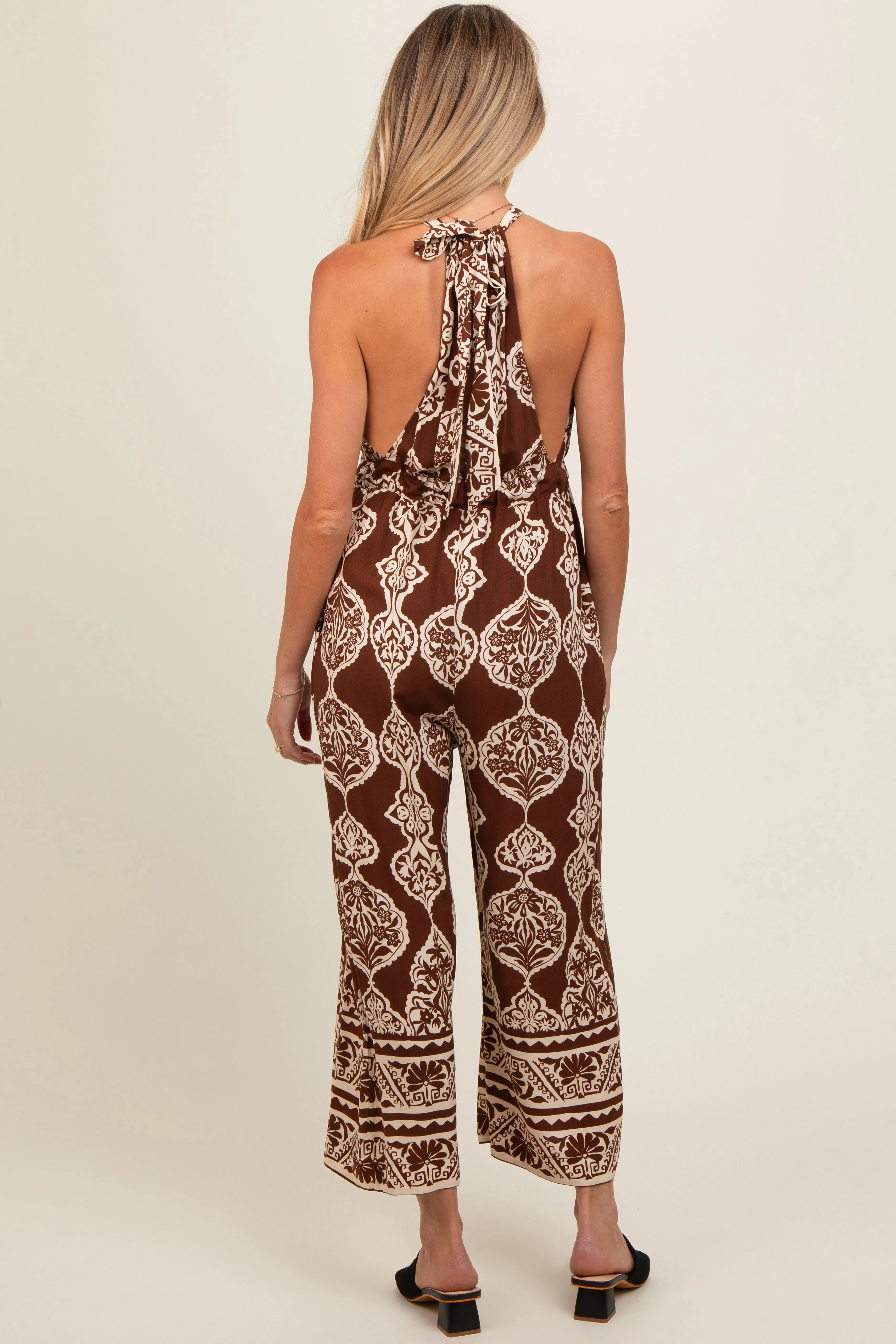 Brown Border Print Front Tie Halter Maternity Jumpsuit sold by Pinkblush product image thumbnail 4