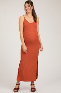 Orange Ribbed Side Slit Maternity Maxi Dress sold by Pinkblush