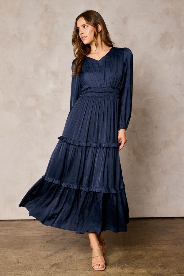 Navy Ruffle Detail Satin Dress sold by Pinkblush