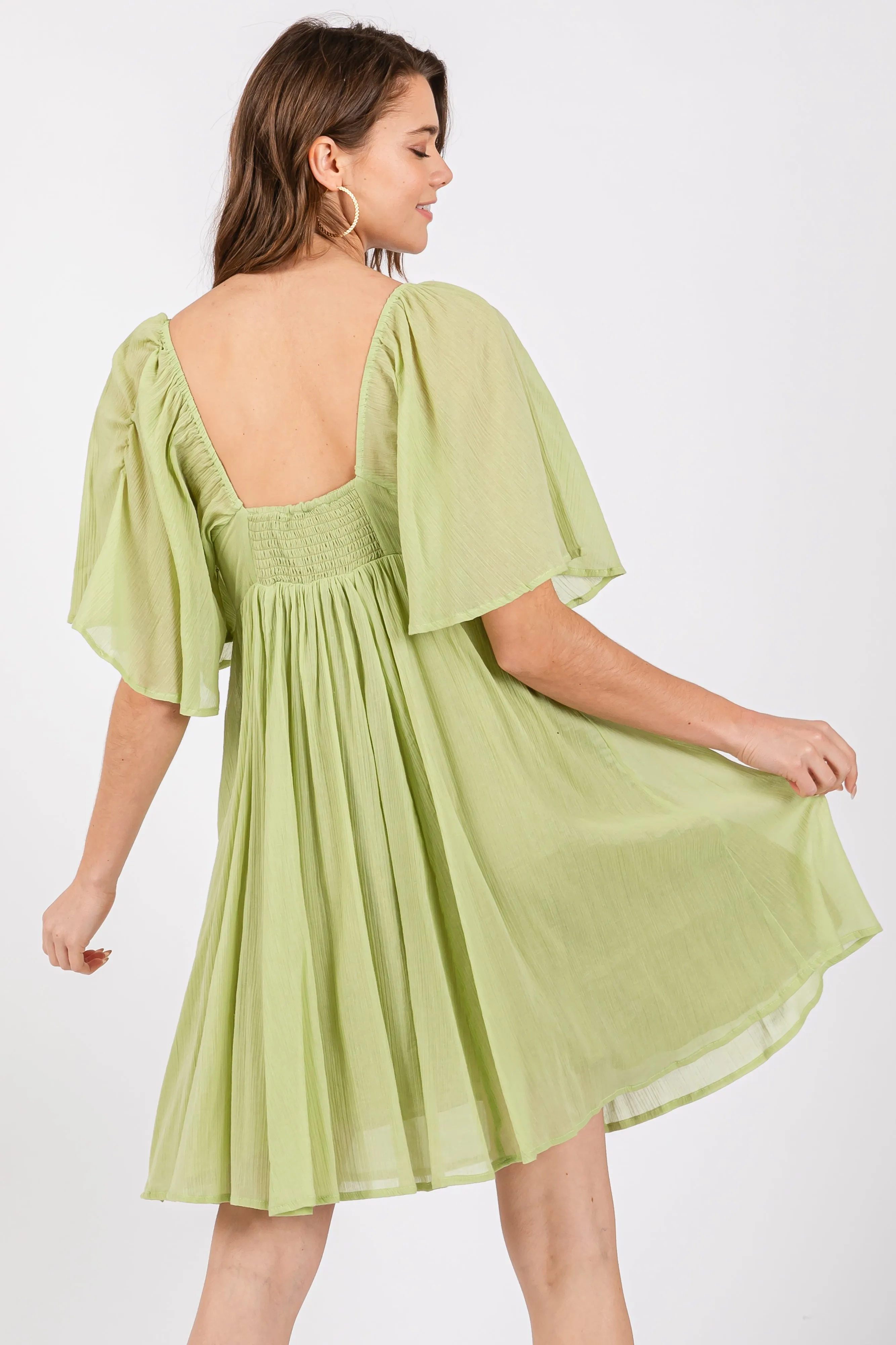 Green Square Neck Pleated Flutter Short Sleeve Dress sold by Pinkblush product image thumbnail 3