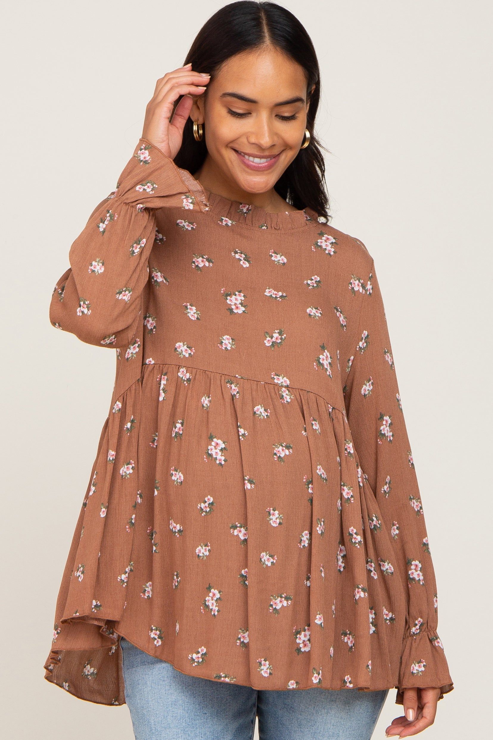 Rust Floral Ruffle Accent Maternity Babydoll Top sold by Pinkblush product image thumbnail 2