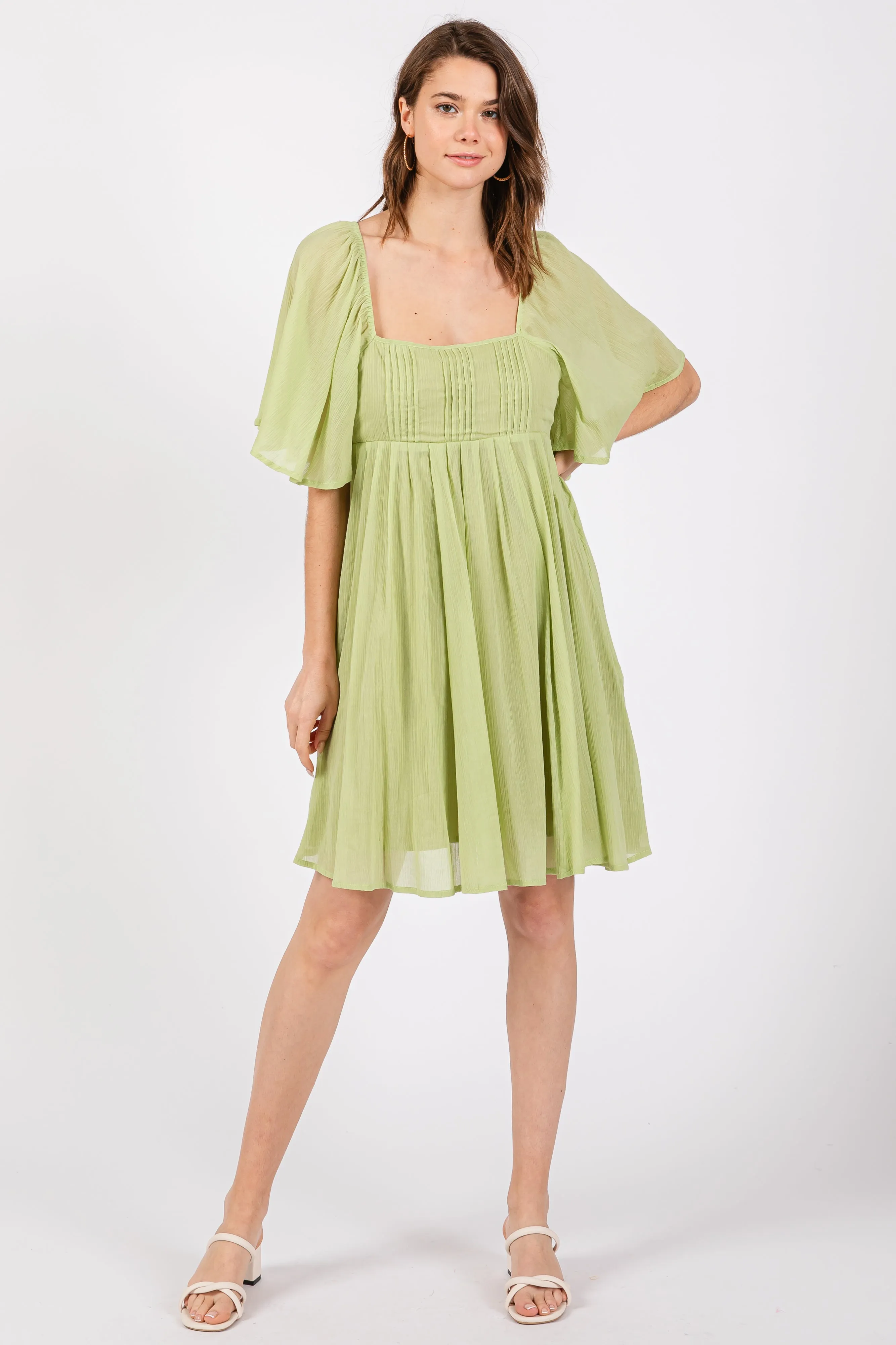Green Square Neck Pleated Flutter Short Sleeve Dress sold by Pinkblush product image thumbnail 4