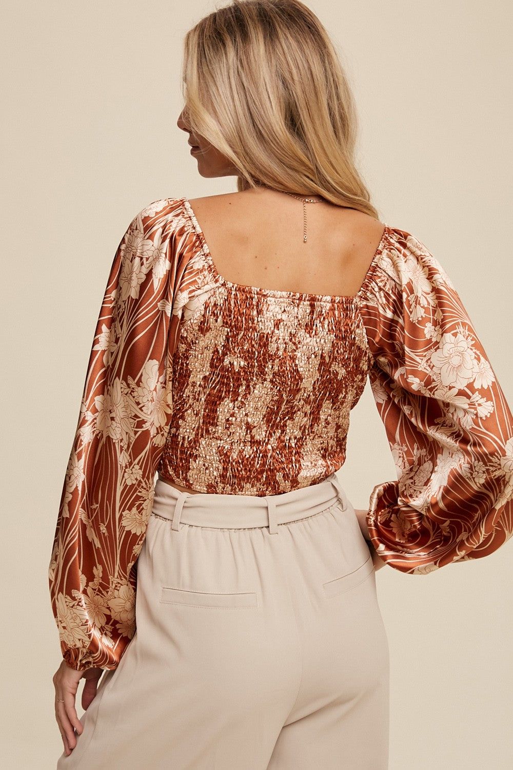 Rust Silky Satin Floral Smocked Square Neck Blouse Top sold by Pinkblush product image thumbnail 4