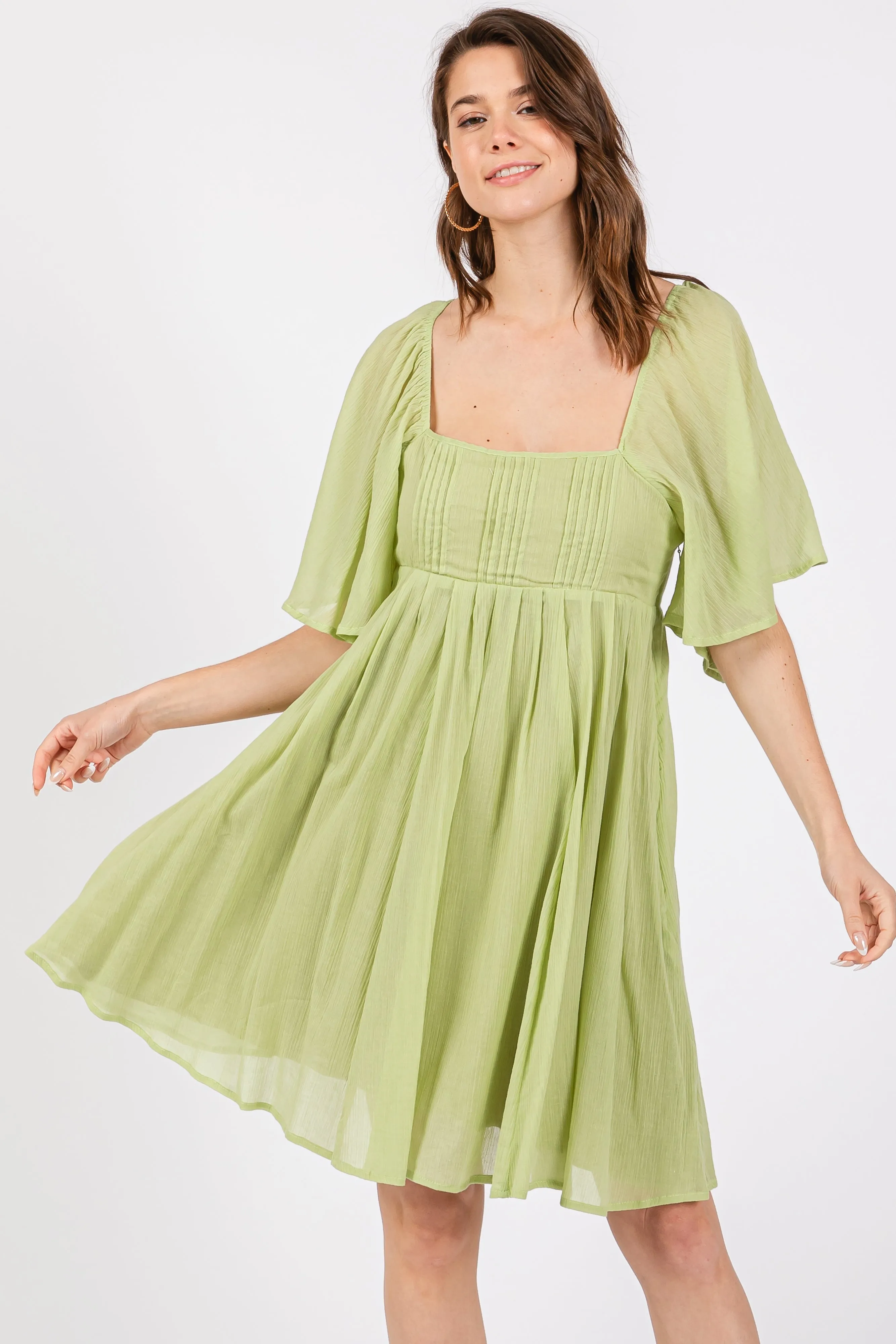 Green Square Neck Pleated Flutter Short Sleeve Dress sold by Pinkblush product image thumbnail 2