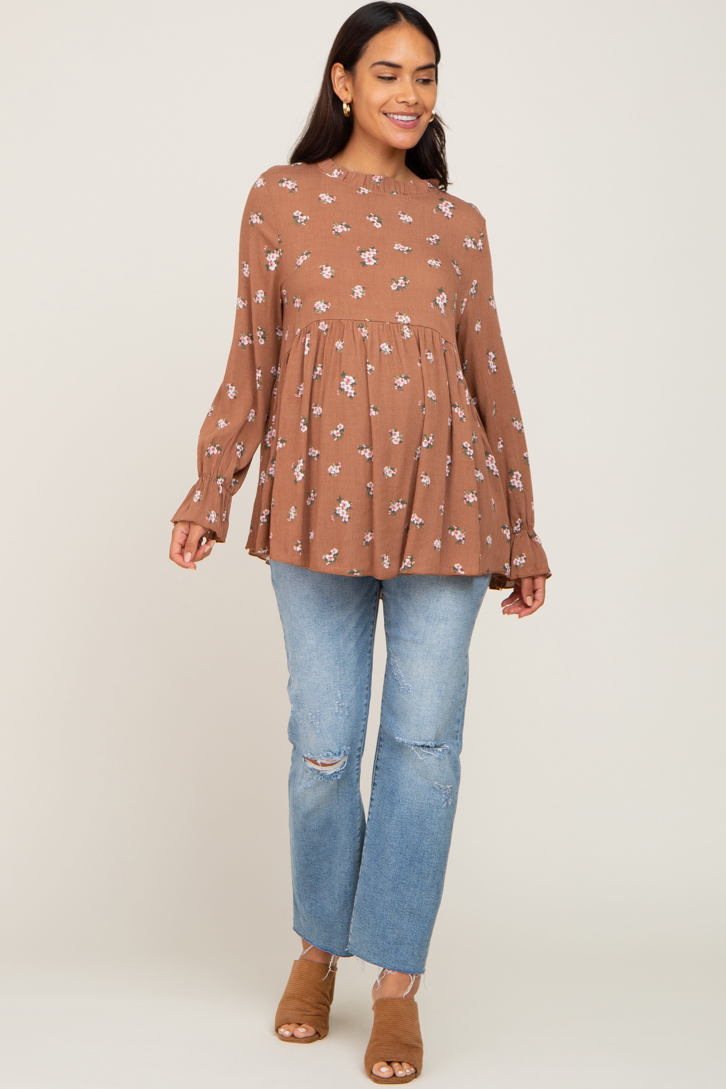Rust Floral Ruffle Accent Maternity Babydoll Top sold by Pinkblush
