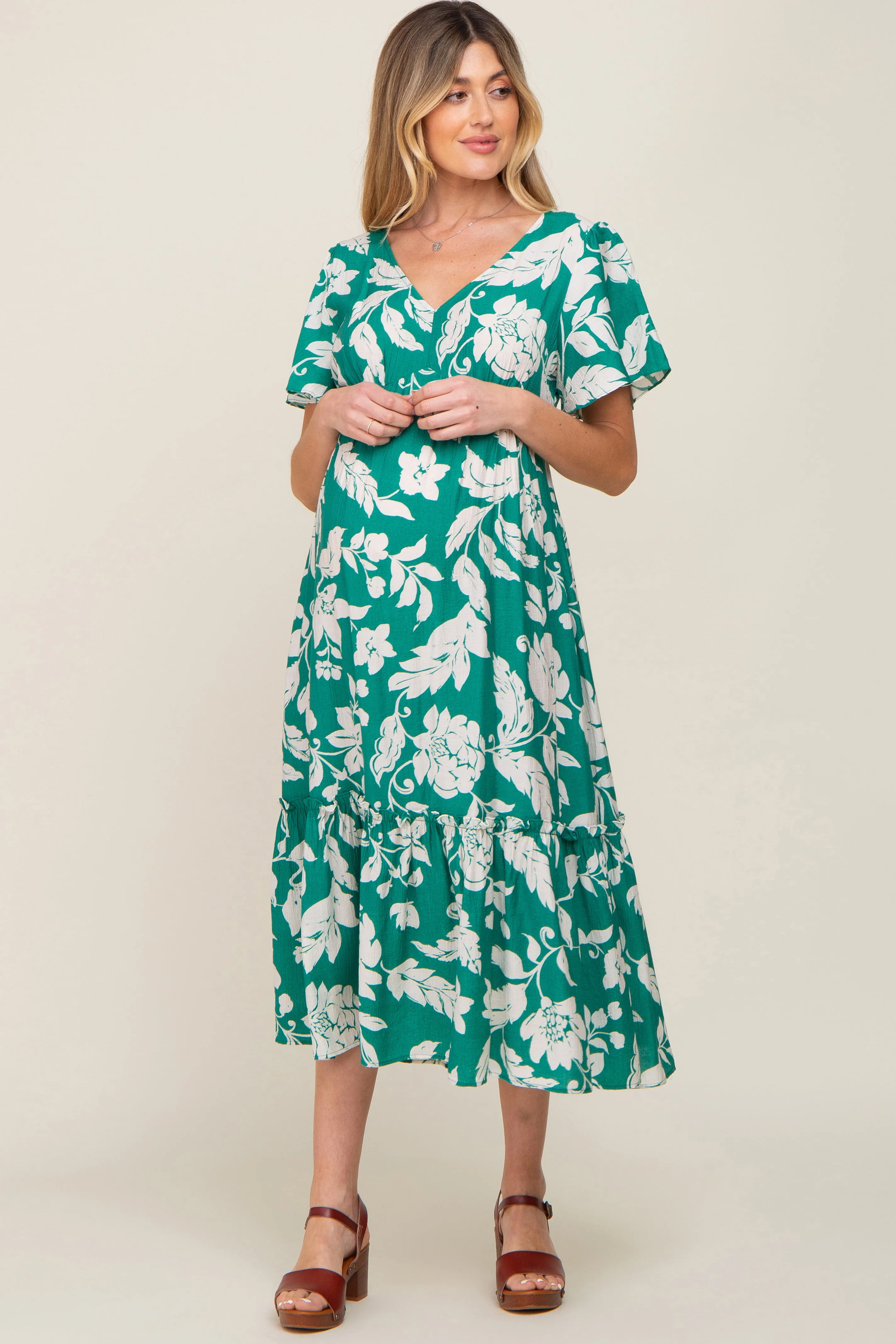 Green Tropical Print Ruffle Maternity Midi Dress sold by Pinkblush product image thumbnail 2