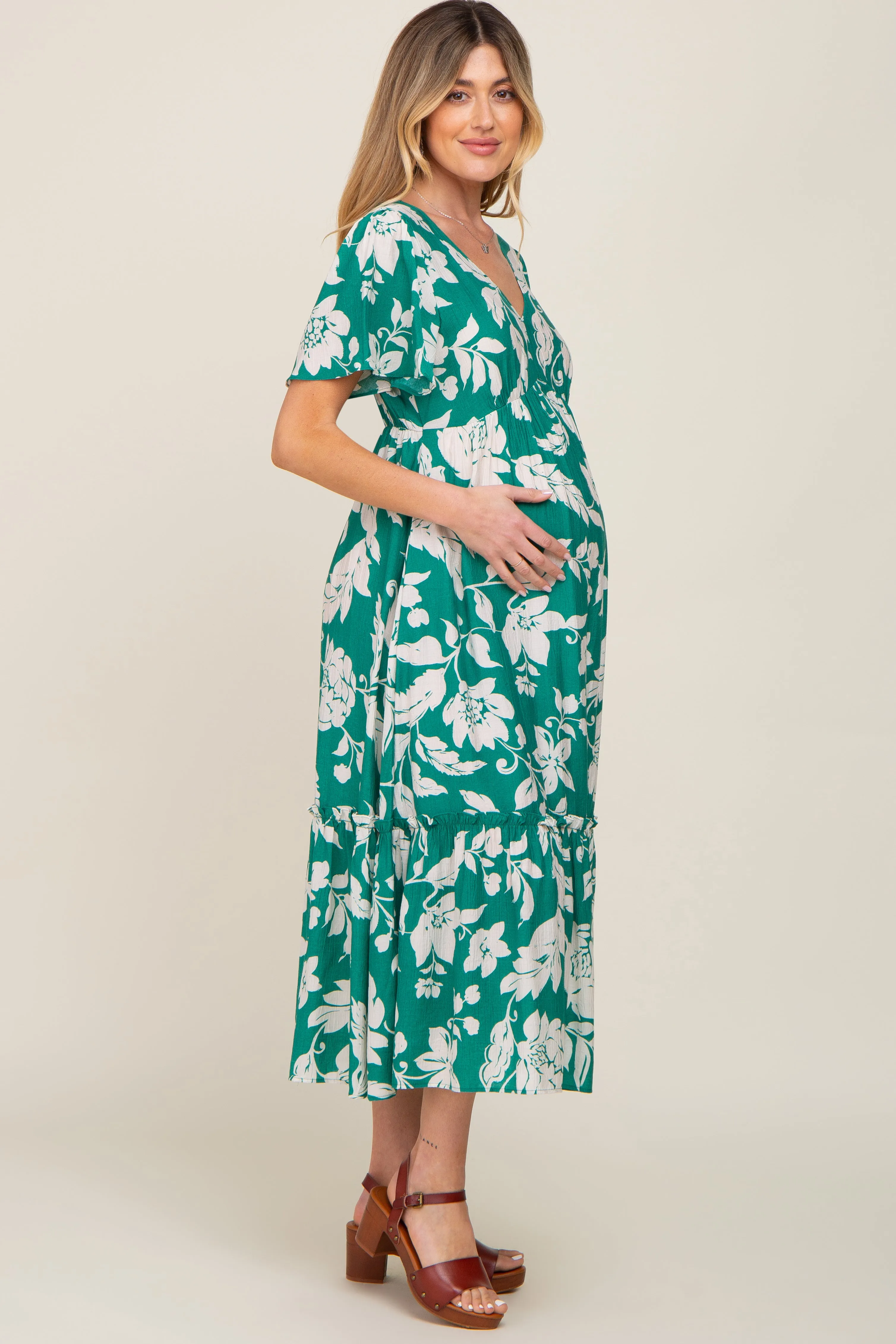 Green Tropical Print Ruffle Maternity Midi Dress sold by Pinkblush product image thumbnail 3