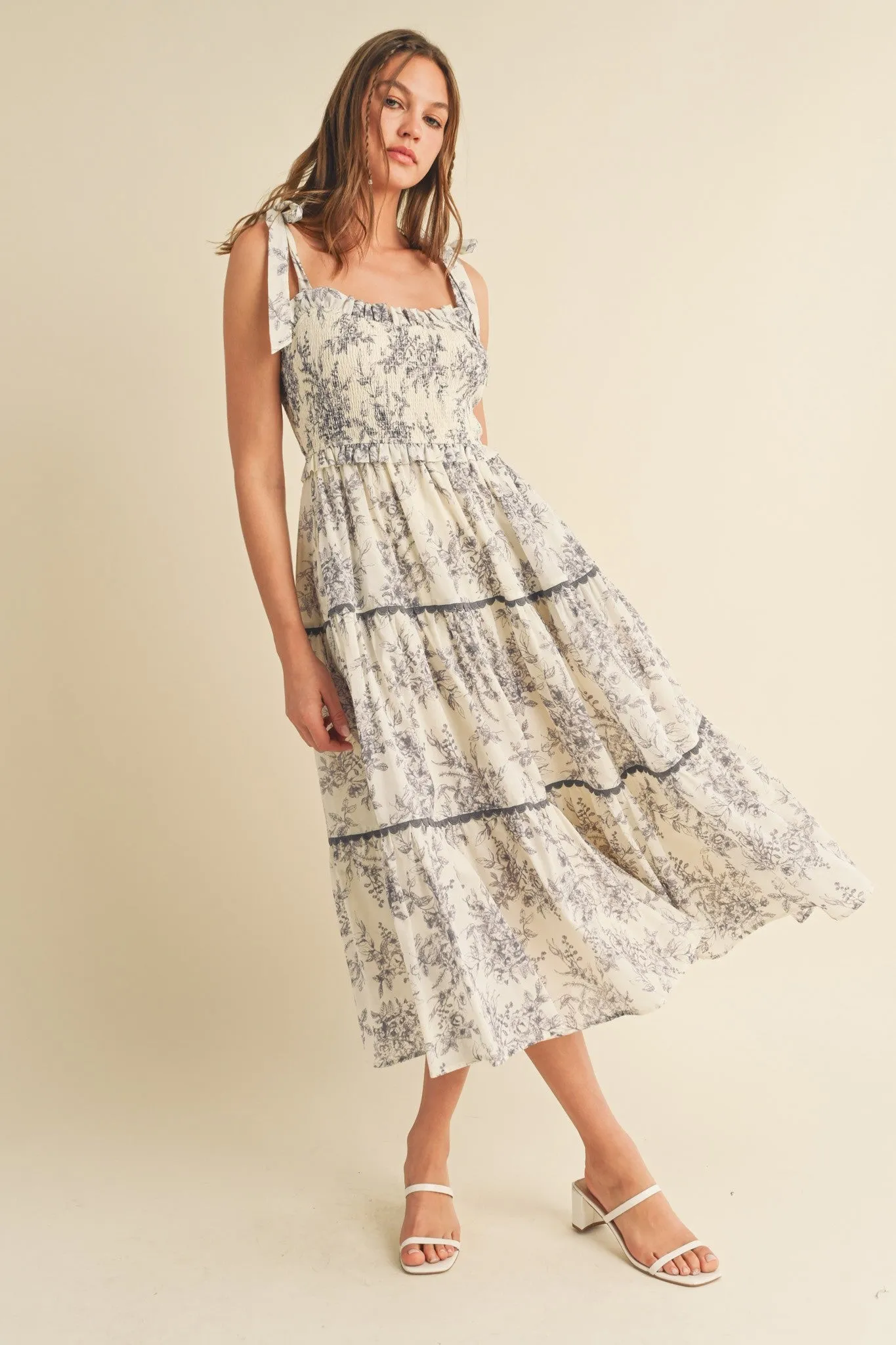 Charcoal Floral Sleeveless Ruffle Tiered Midi Dress sold by Pinkblush