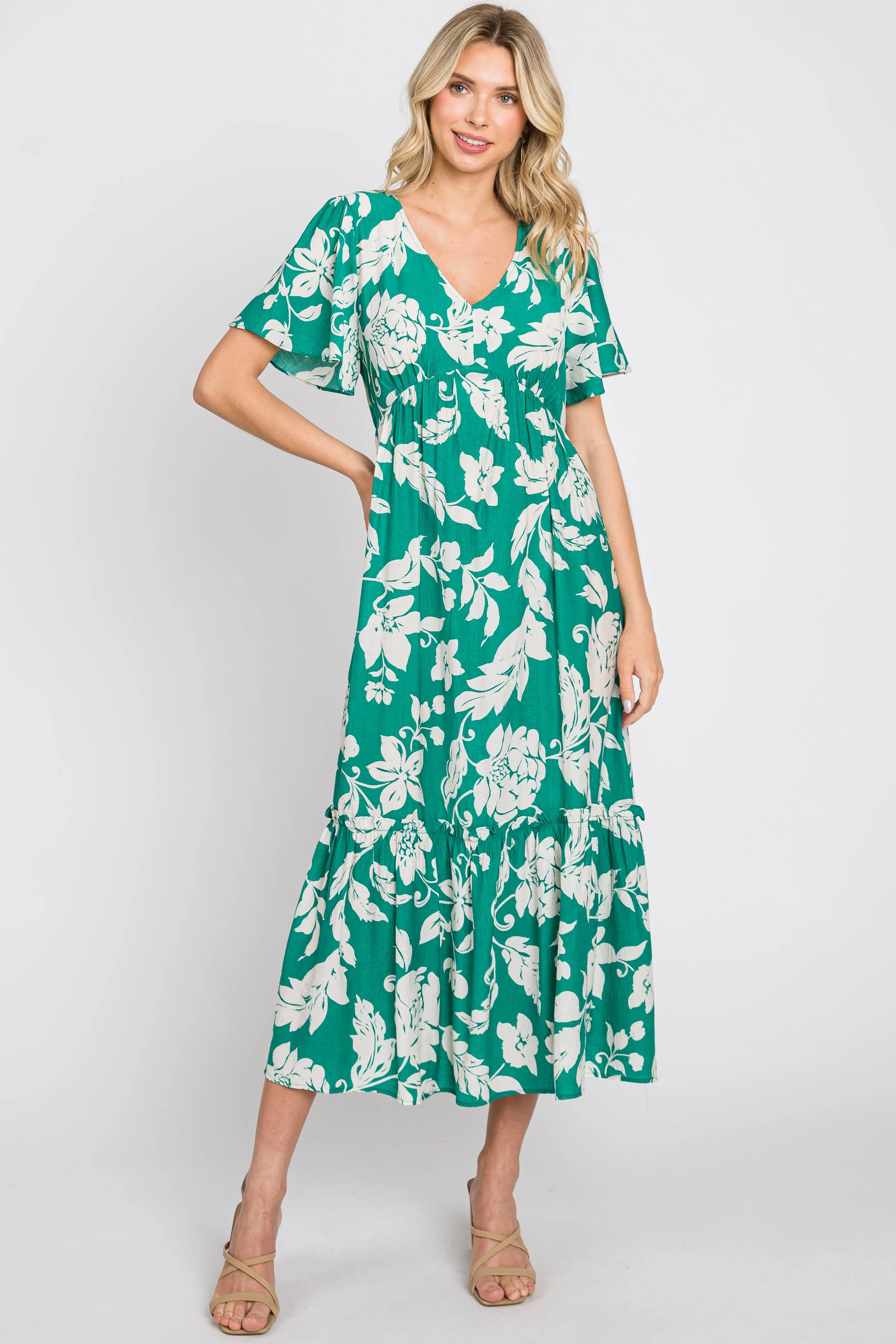 Green Tropical Print Ruffle Maternity Midi Dress sold by Pinkblush product image thumbnail 5