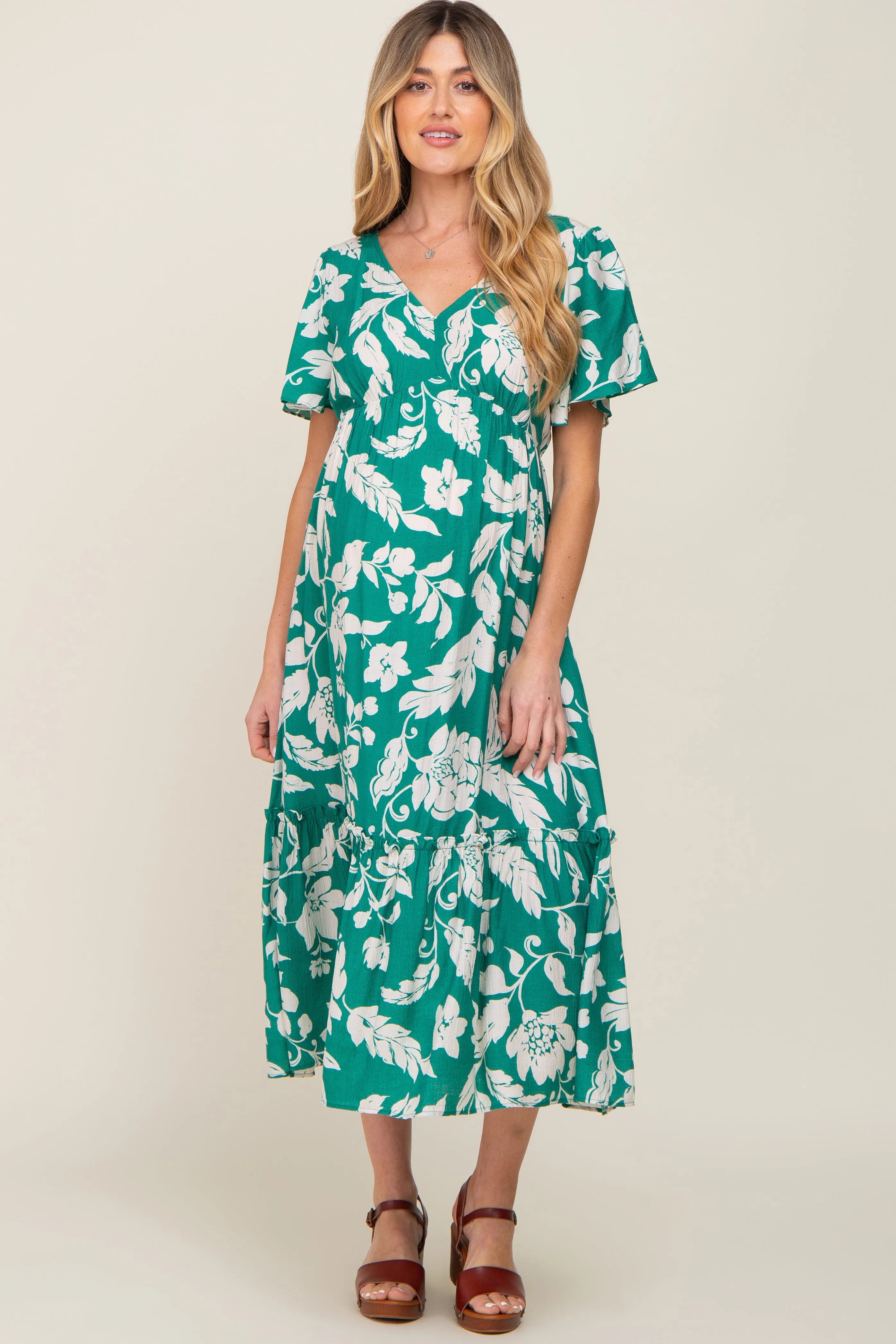 Green Tropical Print Ruffle Maternity Midi Dress sold by Pinkblush