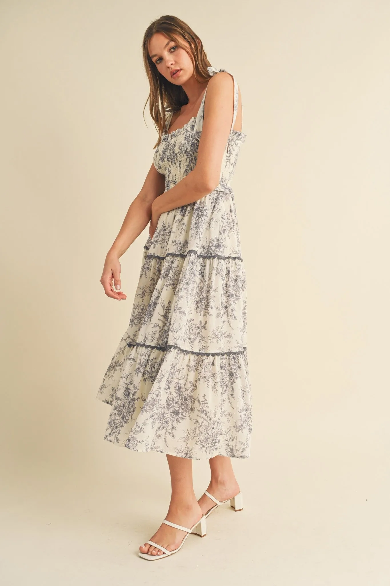 Charcoal Floral Sleeveless Ruffle Tiered Midi Dress sold by Pinkblush product image thumbnail 2