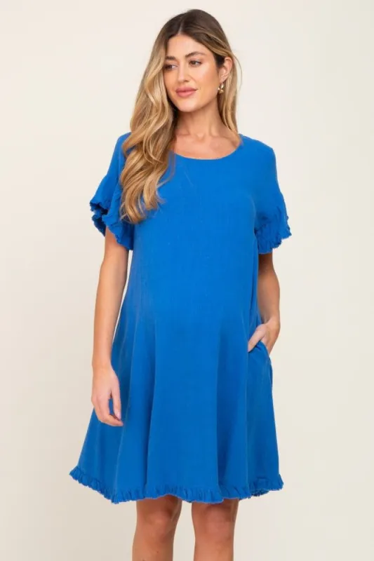 Royal Blue Fringe Linen Maternity Dress sold by Pinkblush