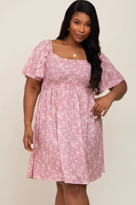 Mauve Floral Smocked Plus Dress sold by Pinkblush