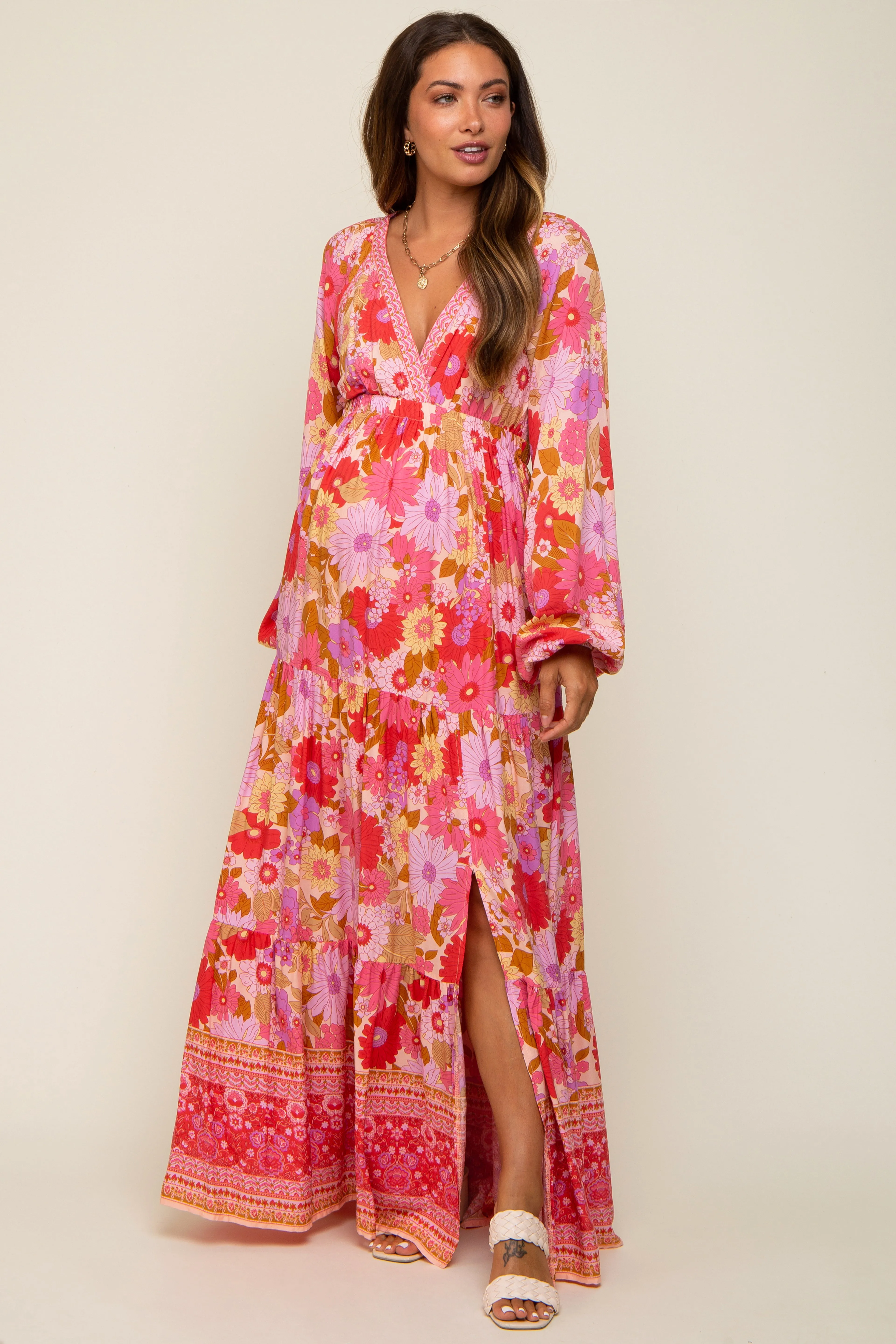 Pink Floral Long Sleeve Tiered Maternity Maxi Dress sold by Pinkblush