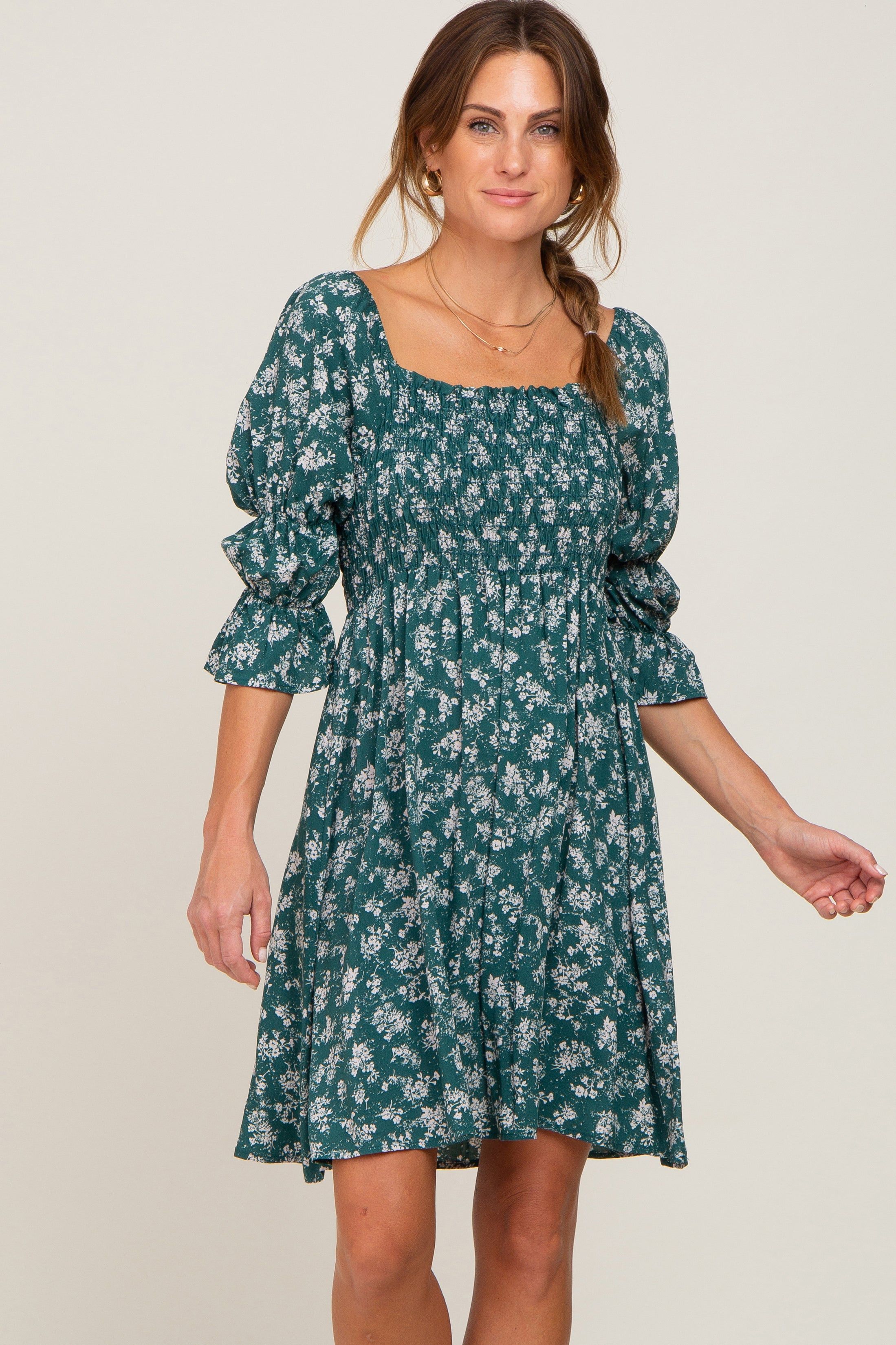 Forest Green Floral Ruffle Sleeve Smocked Maternity Dress sold by Pinkblush product image thumbnail 6