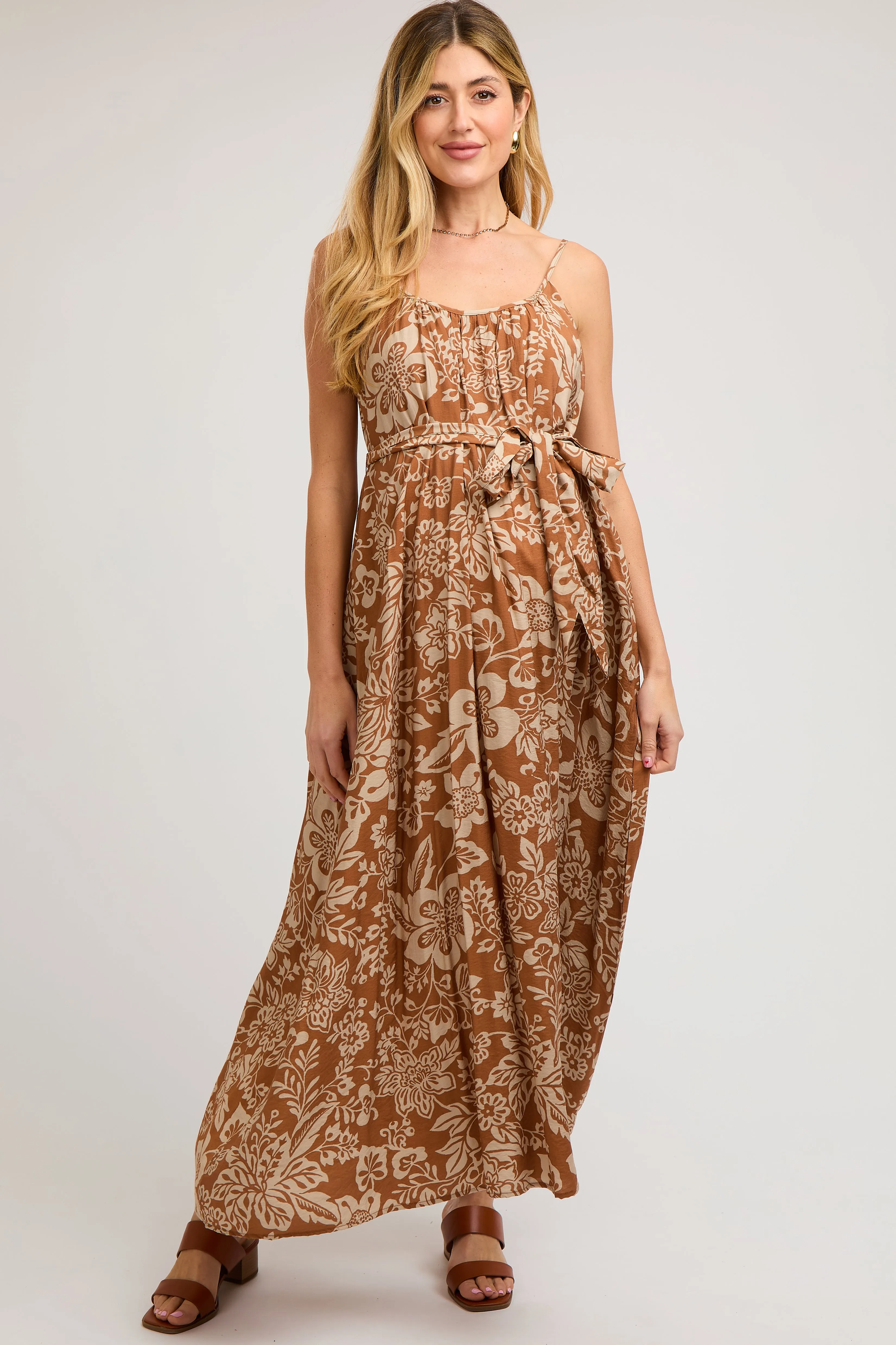 Camel Sleeveless Tie Waist Maternity Midi Dress sold by Pinkblush product image thumbnail 2