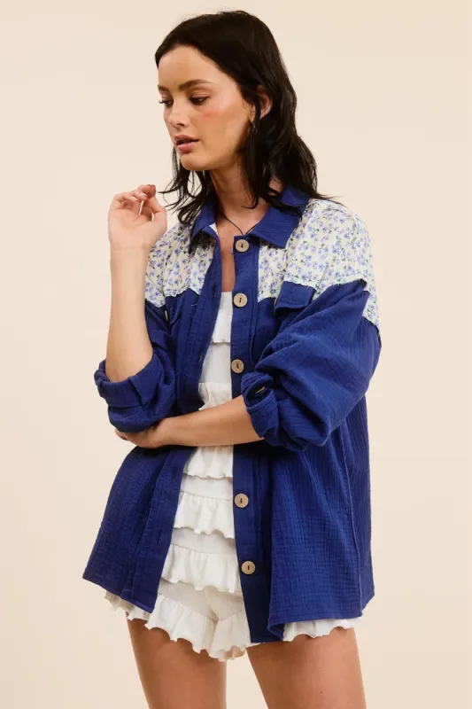 Navy Blue Colorblock Floral Button Down sold by Pinkblush