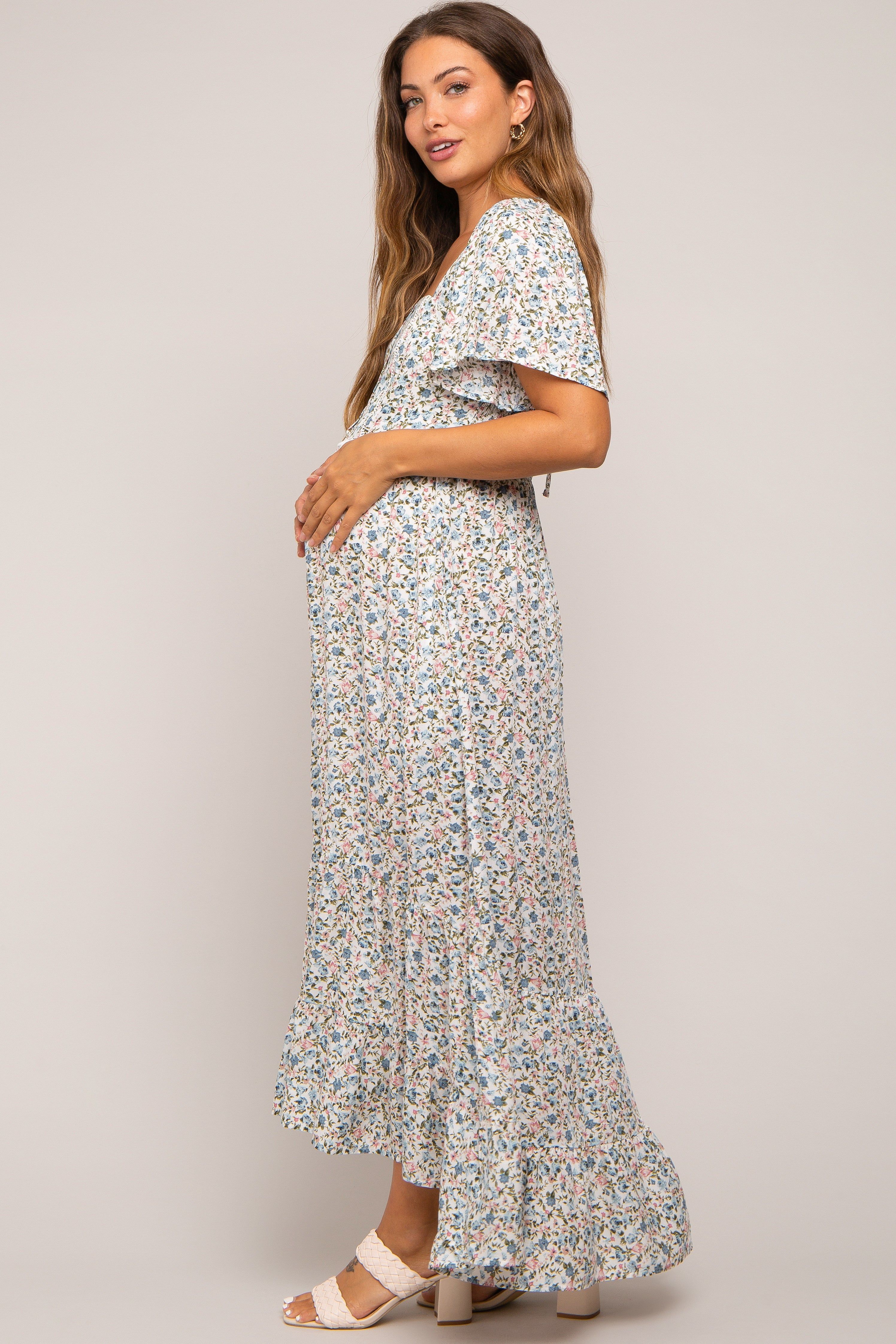 Cream Floral Button Front Square Neck Ruffle Hi-Low Maternity Midi Dress sold by Pinkblush product image thumbnail 3