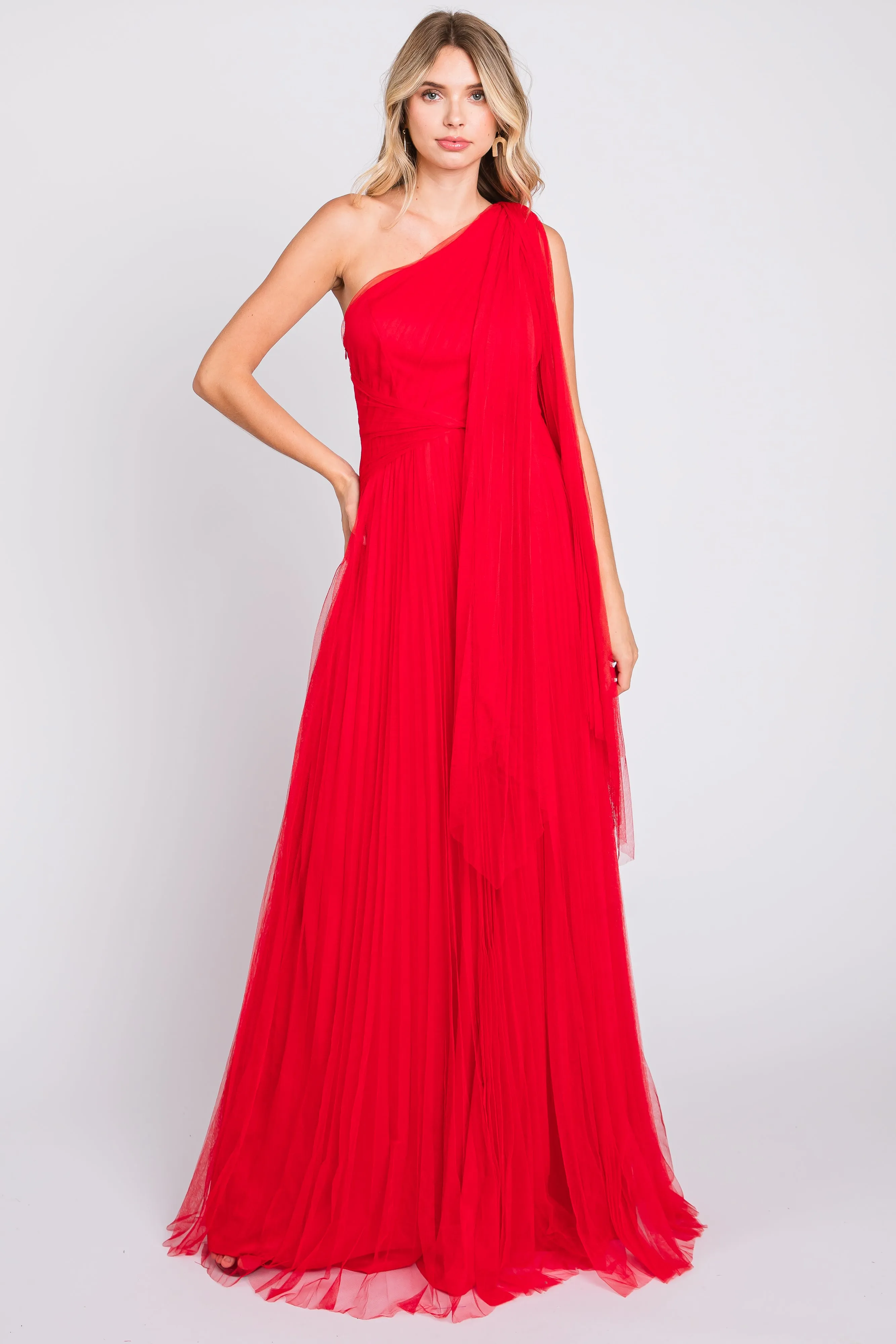 Red One Shoulder Pleated Mesh Maternity Gown sold by Pinkblush product image thumbnail 5