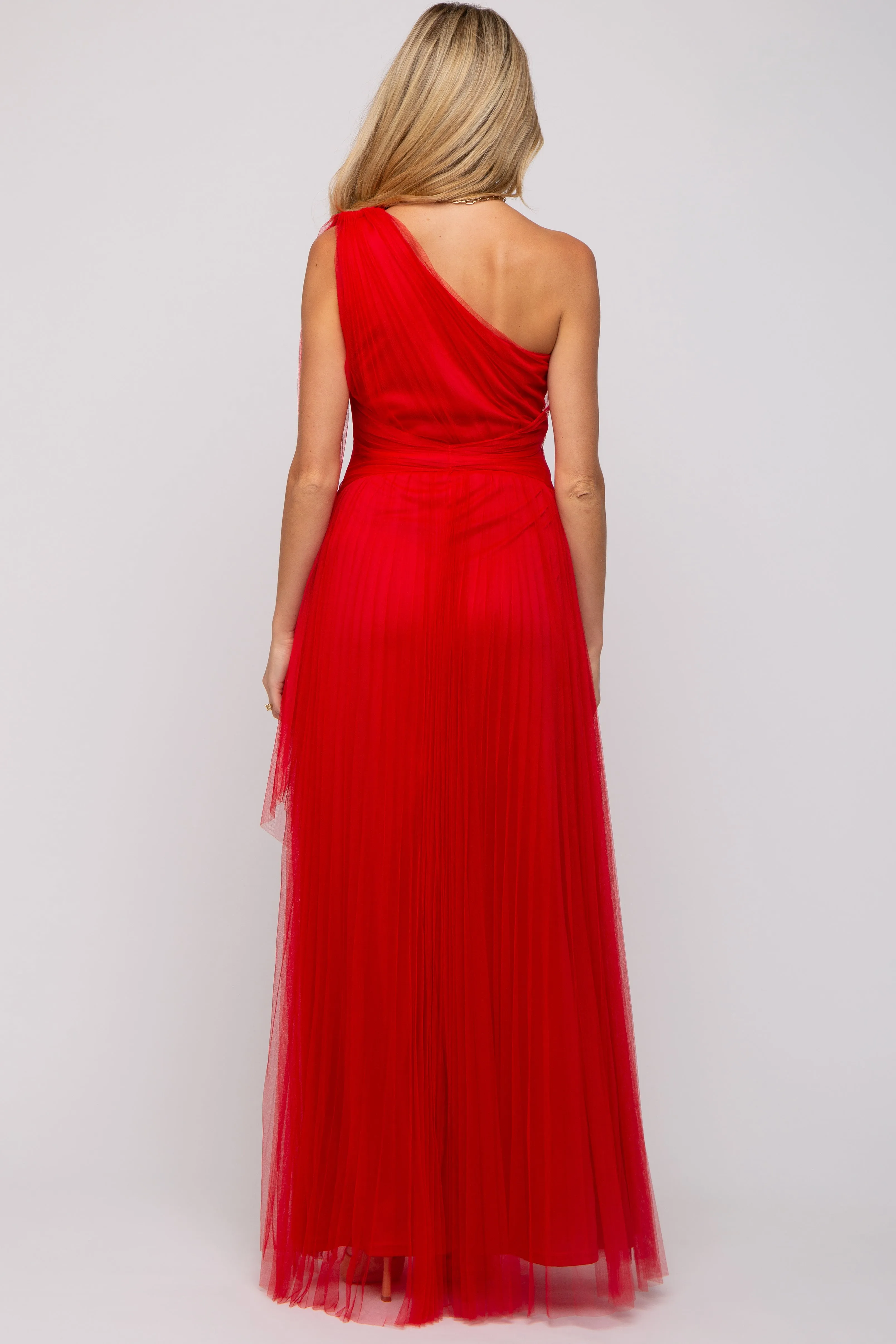 Red One Shoulder Pleated Mesh Maternity Gown sold by Pinkblush product image thumbnail 2