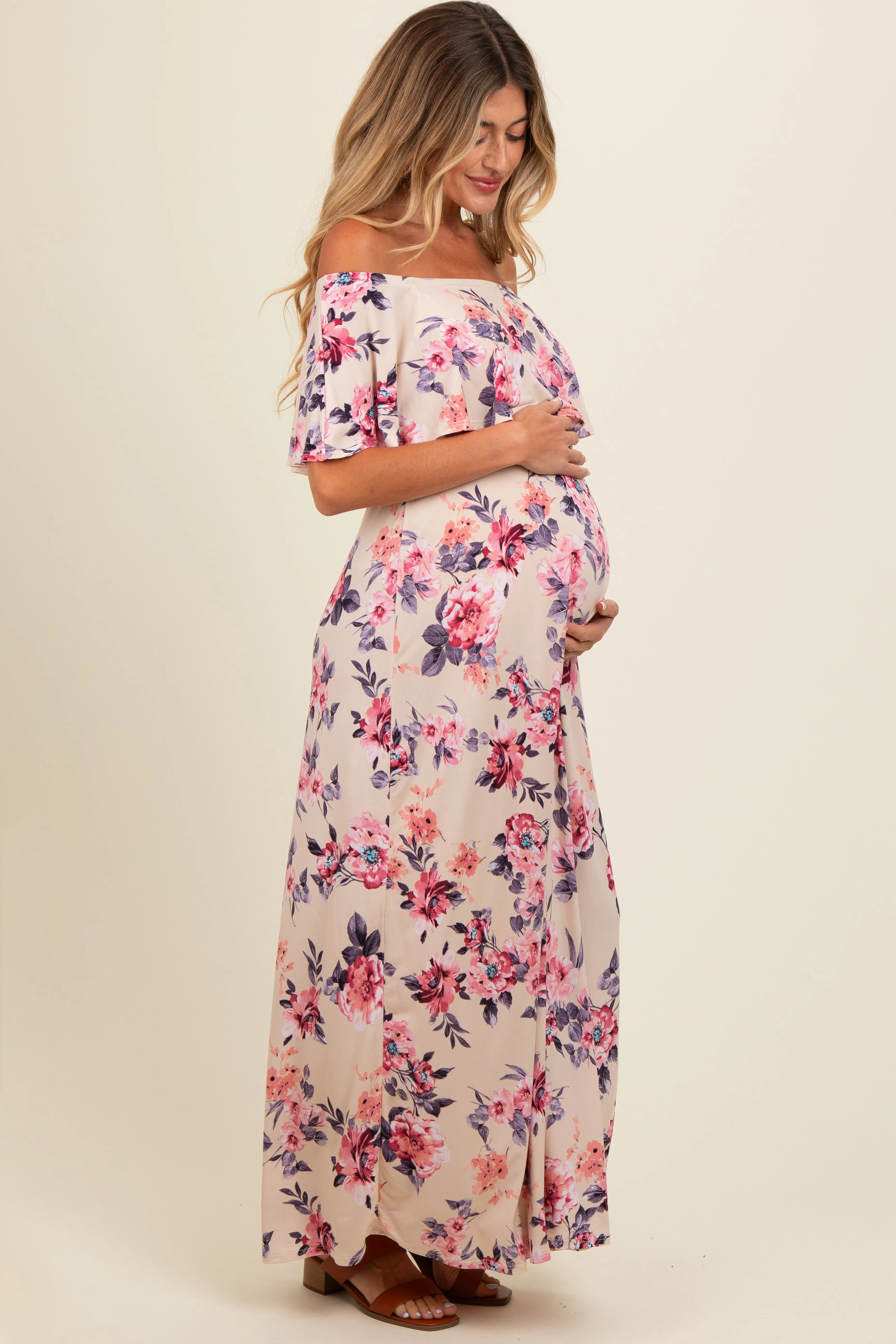 Ivory Floral Off Shoulder Maternity Maxi Dress sold by Pinkblush product image thumbnail 2
