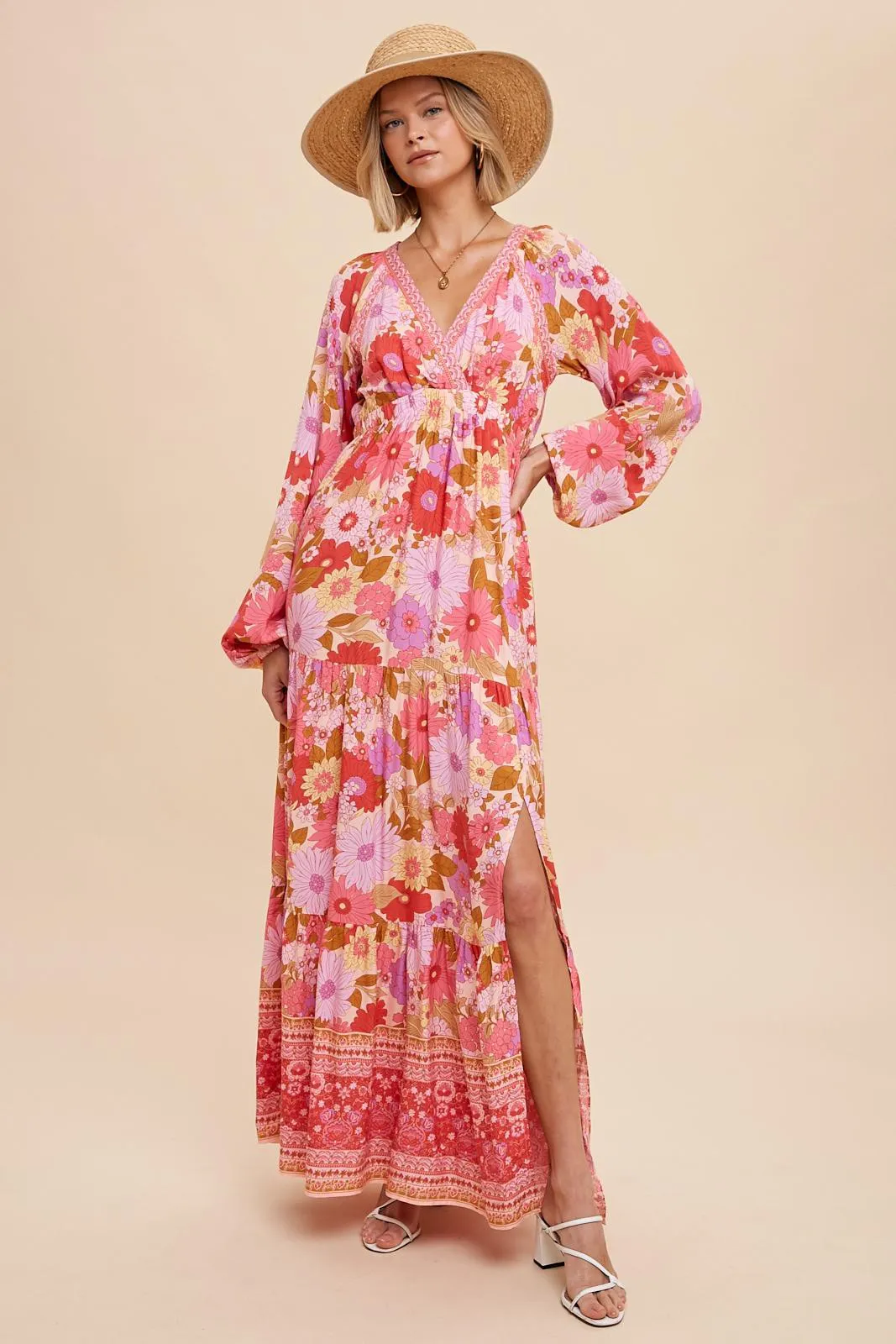 Pink Floral Long Sleeve Tiered Maternity Maxi Dress sold by Pinkblush product image thumbnail 5