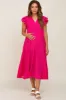 Fuchsia Flutter Sleeve Tiered Maternity Midi Dress sold by Pinkblush