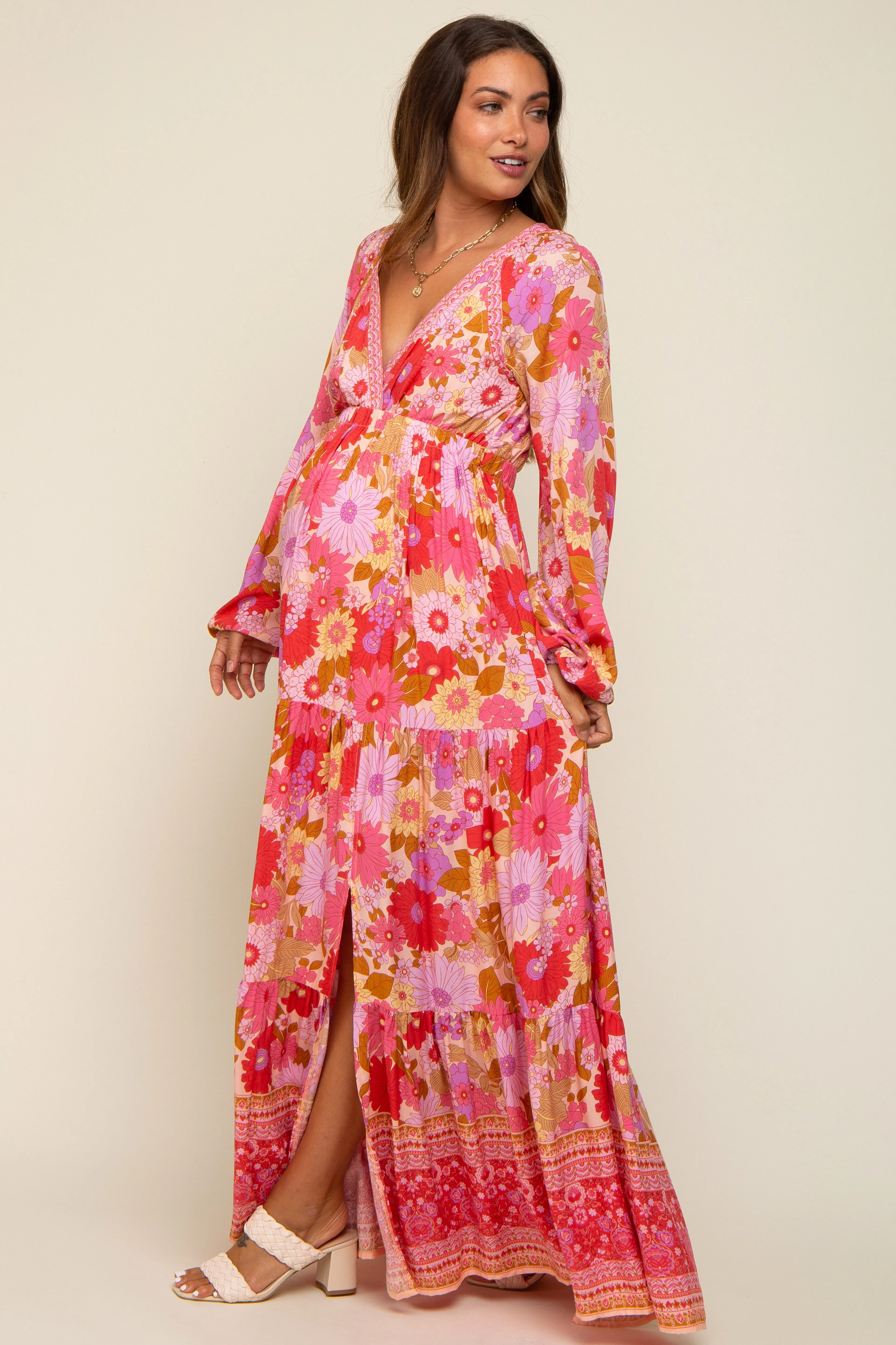 Pink Floral Long Sleeve Tiered Maternity Maxi Dress sold by Pinkblush product image thumbnail 2