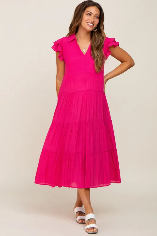 Fuchsia Flutter Sleeve Tiered Maternity Midi Dress sold by Pinkblush